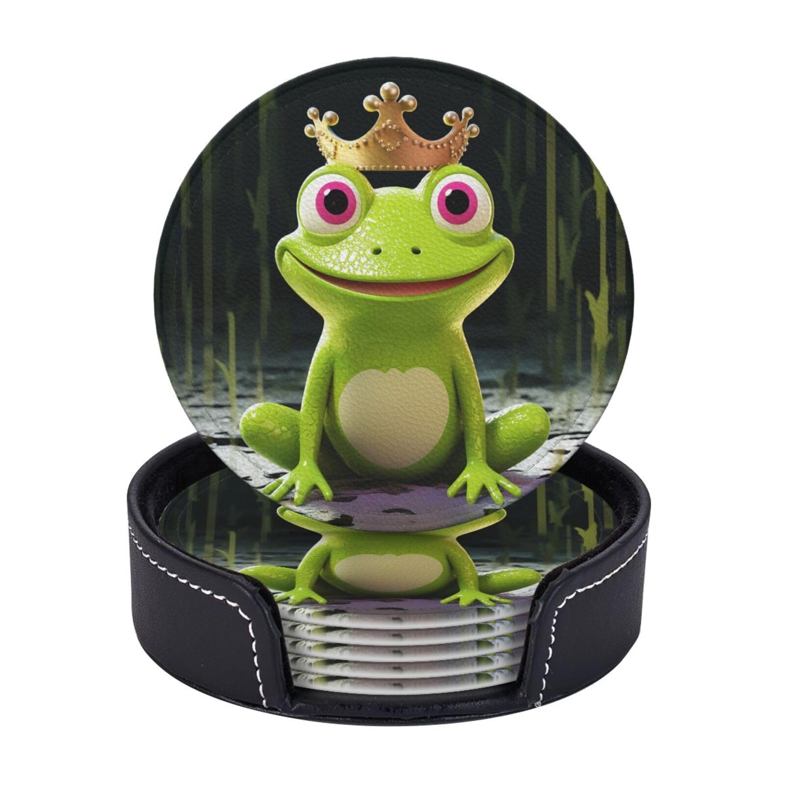 Round Coasters for Drinks Set of 6 - PU Leather Coasters with Holder - Modern Drink Coasters for Coffee Table - Crown Frog Coaster for Tabletop Protection 4" Cup Mat Pad