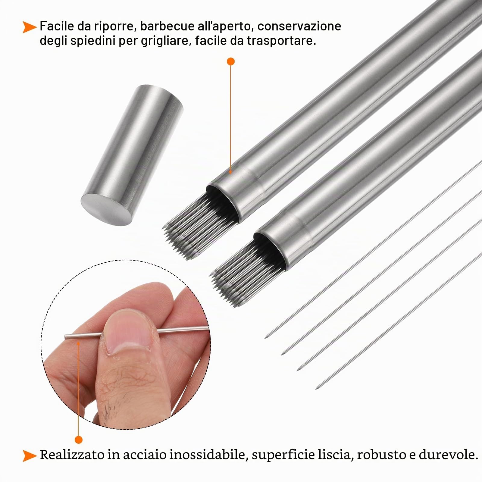 QUARKZMAN Spiedini Acciaio 40cm x 2,8cm Acciaio Inox Riutilizzabili 100Pz | Spiedo per Barbecue Metallo Rotondi, Grigliate Arrosticini Aperto, con Tubo Conservare, per Carne Frutta Verdura