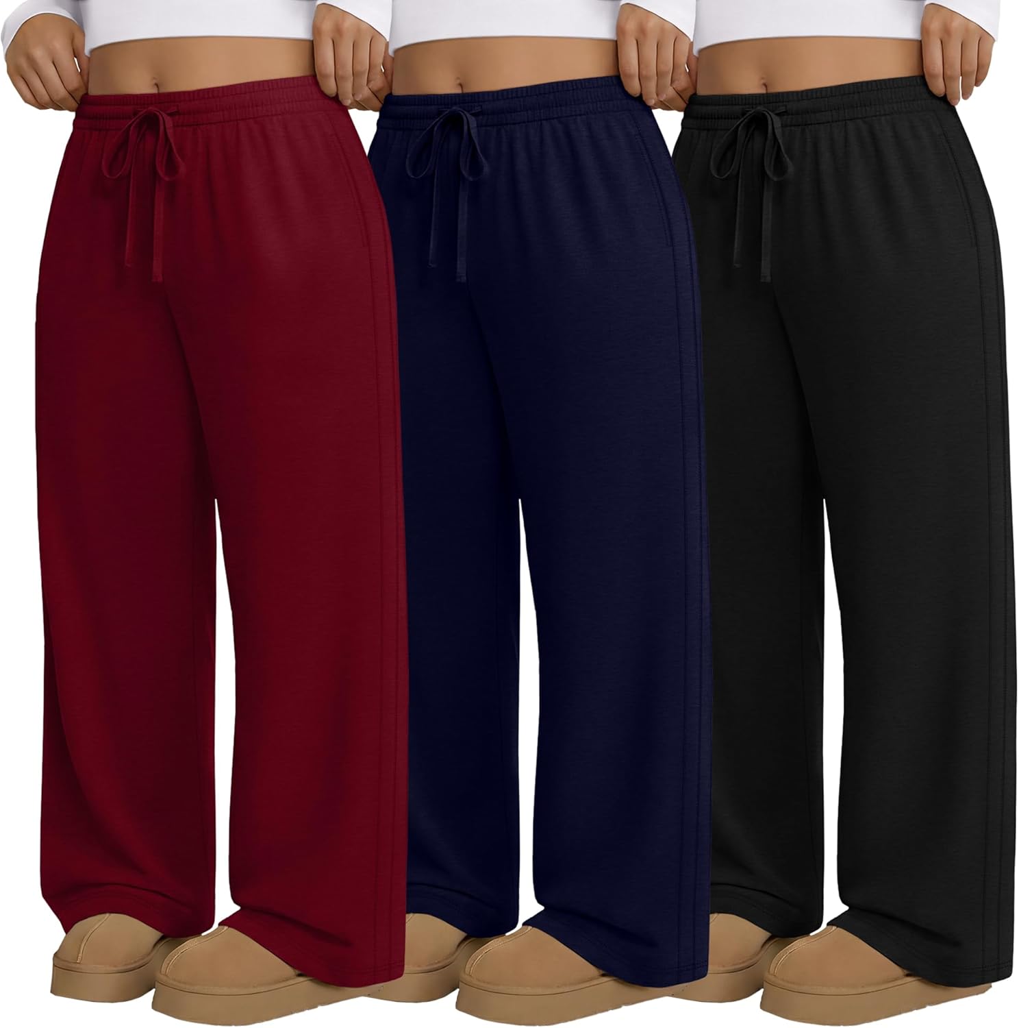 Evervibe 3 Pack Women's Plus Size Pants, Drawstring Wide Leg High Waist Sweatpants Loose Casual Lounge Pants with Pockets