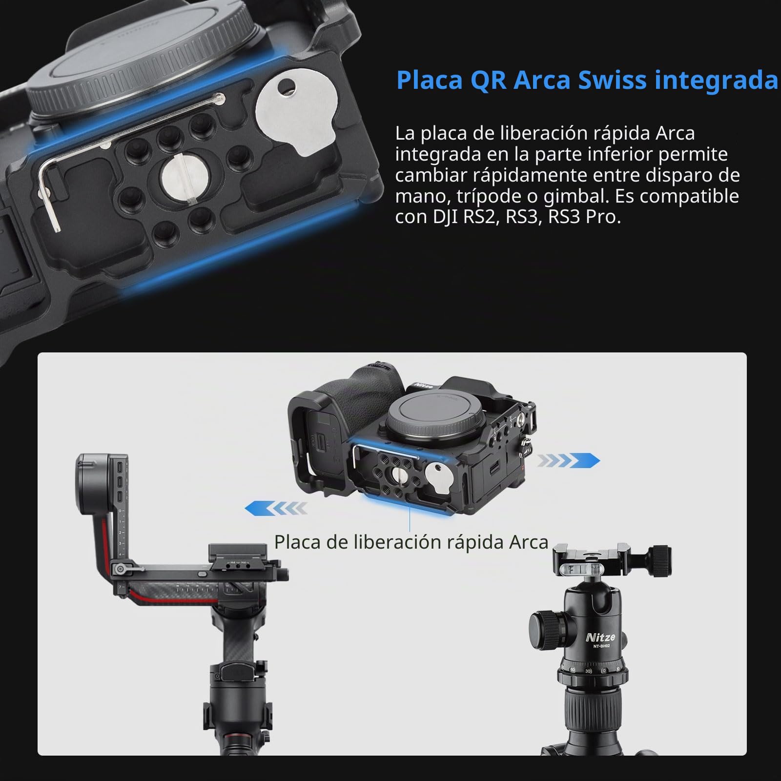 Nitze A6700 Cage, Jaula para Sony Alpha 6700 Cámara con Abrazadera para Cold Shoe Incorporado, NATO Rail y Placa de Liberación Rápida Arca - T-S12A