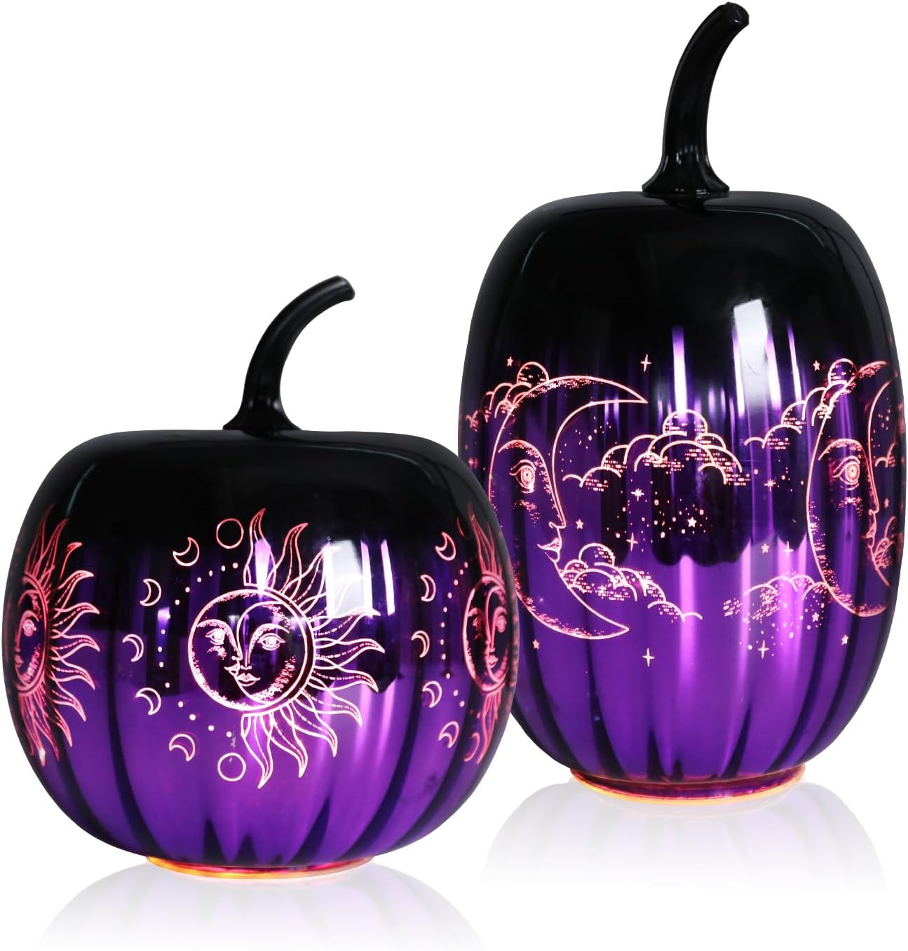 MUMTOP Lighted Halloween Pumpkin Decorations, 2 PCS Glass Pumpkins with Battery Operated LED Light for Halloween Indoor Party Home Tabletop Decorations, Purple