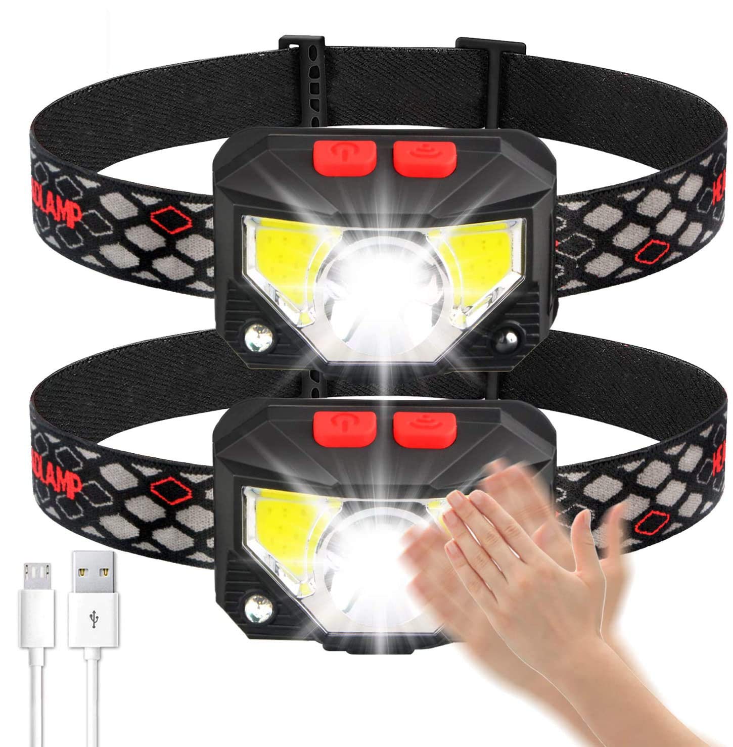 PUNLIM 2-Pack Rechargeable LED Headlamp Flashlight, 230 Lighting, 800 Lumen, 3 Modes, Built-in Batteries, Waterproof Headlamp Flashlight, Suitable for Camping, Running, Hiking