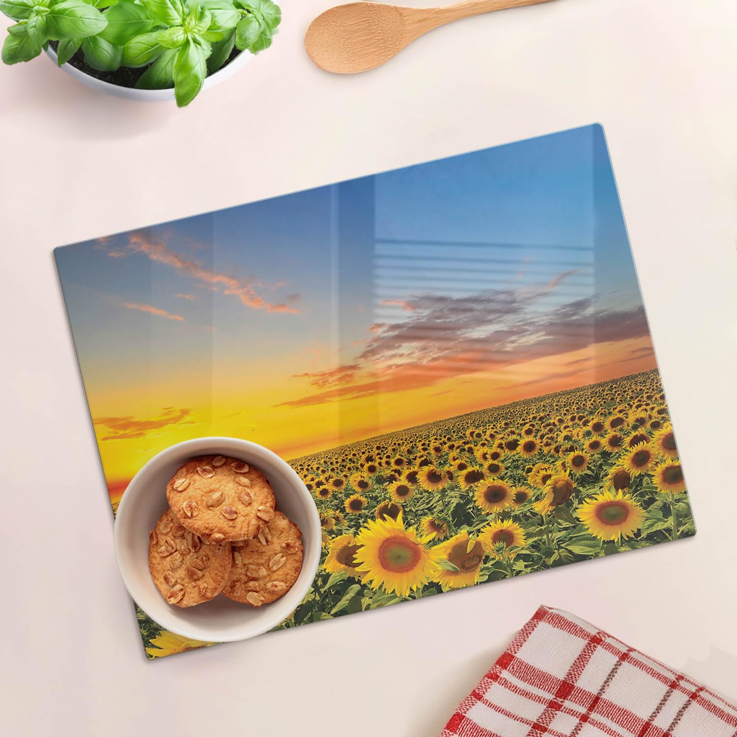 Tabla de cortar y placa de protección de vidrio 40x30 cm Campo de girasoles