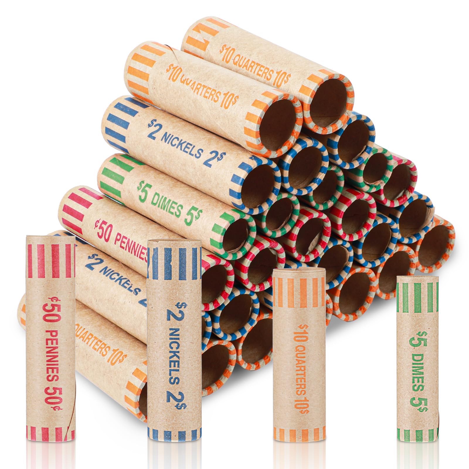 256 Stück sortierte vorgeformte Münzrollen – bunte Kraftpapier-Münzrollen für Viertel, Pennies, Nickels, Dimes (4 Größen, 4 Farben)