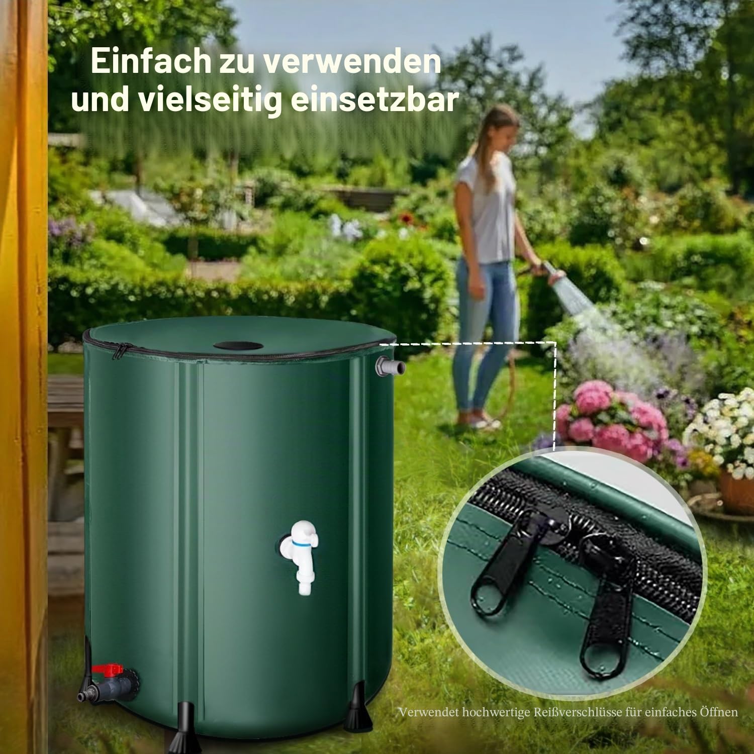 Faltbare Regentonne 1000 Liter Mit Überlaufschutz – Regenwassertank Aus Wetterfestem PVC, Regenwassersammler Mit Deckel Und Wasserhahn Für Garten(132 gallon/500 L)