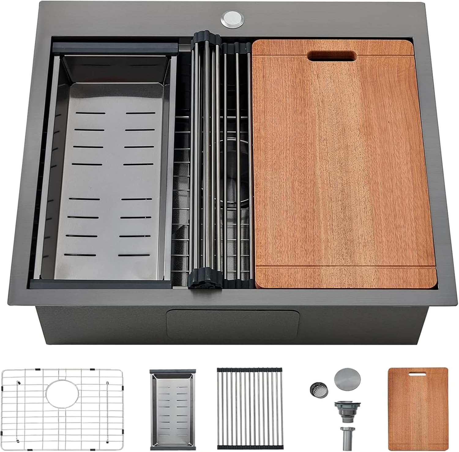 SHACO 25x22 Black Drop In Kitchen Sink, 25 Inch Topmount Stainless Steel Workstation Sink, Single Bowl Bar Prep RV Laundry Small Kitchen Sink with Cutting Board