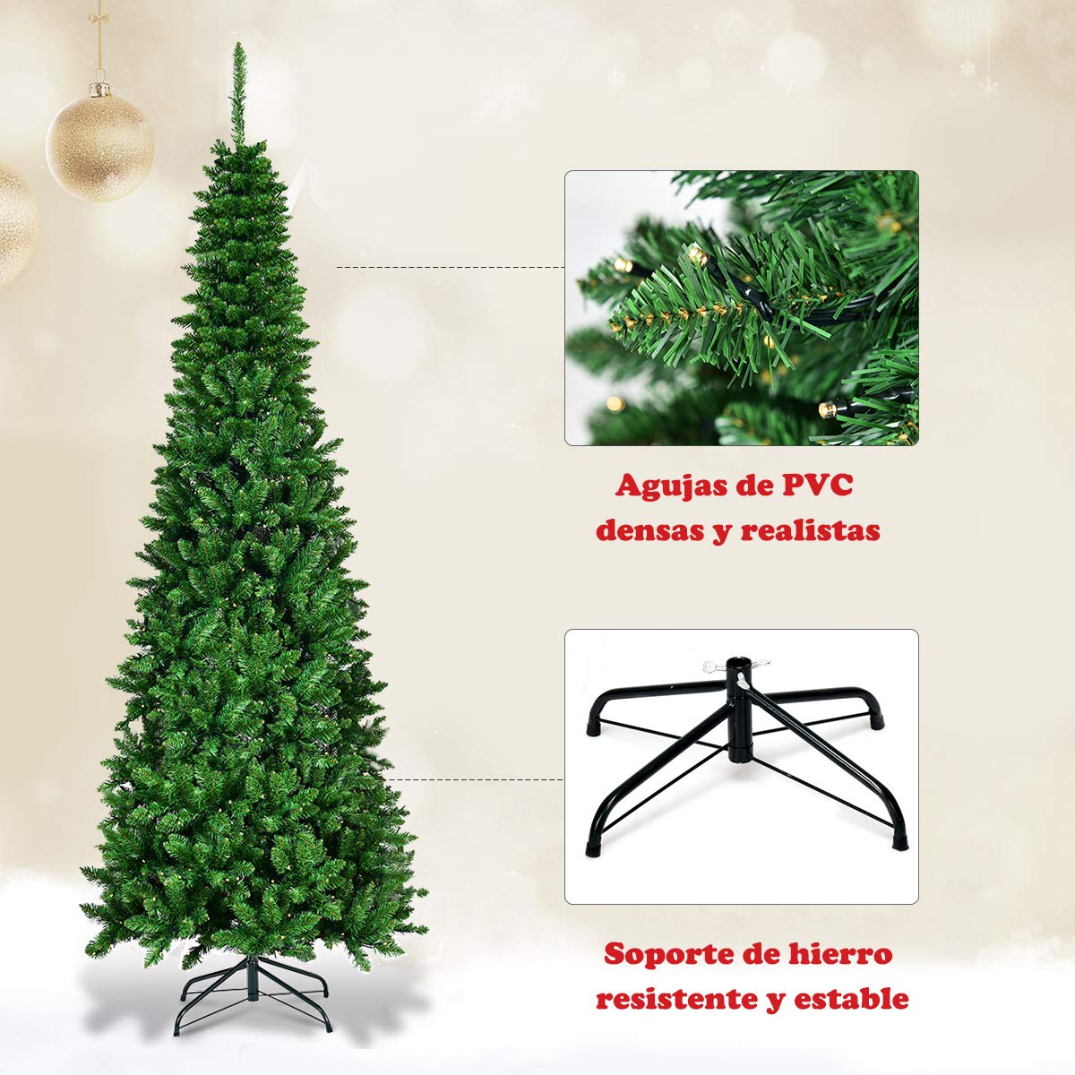 Arbol De Navidad Con Luces Incorporadas Exterior Arbol De Navidad 180 Cm  Estrecho COSTWAY 200 Cm Arbol De Navidad Slim/ Estrecho Con 250 Luces LED,  Blanco Cálido, Agujas En PVC De 708, image size:1200x1200