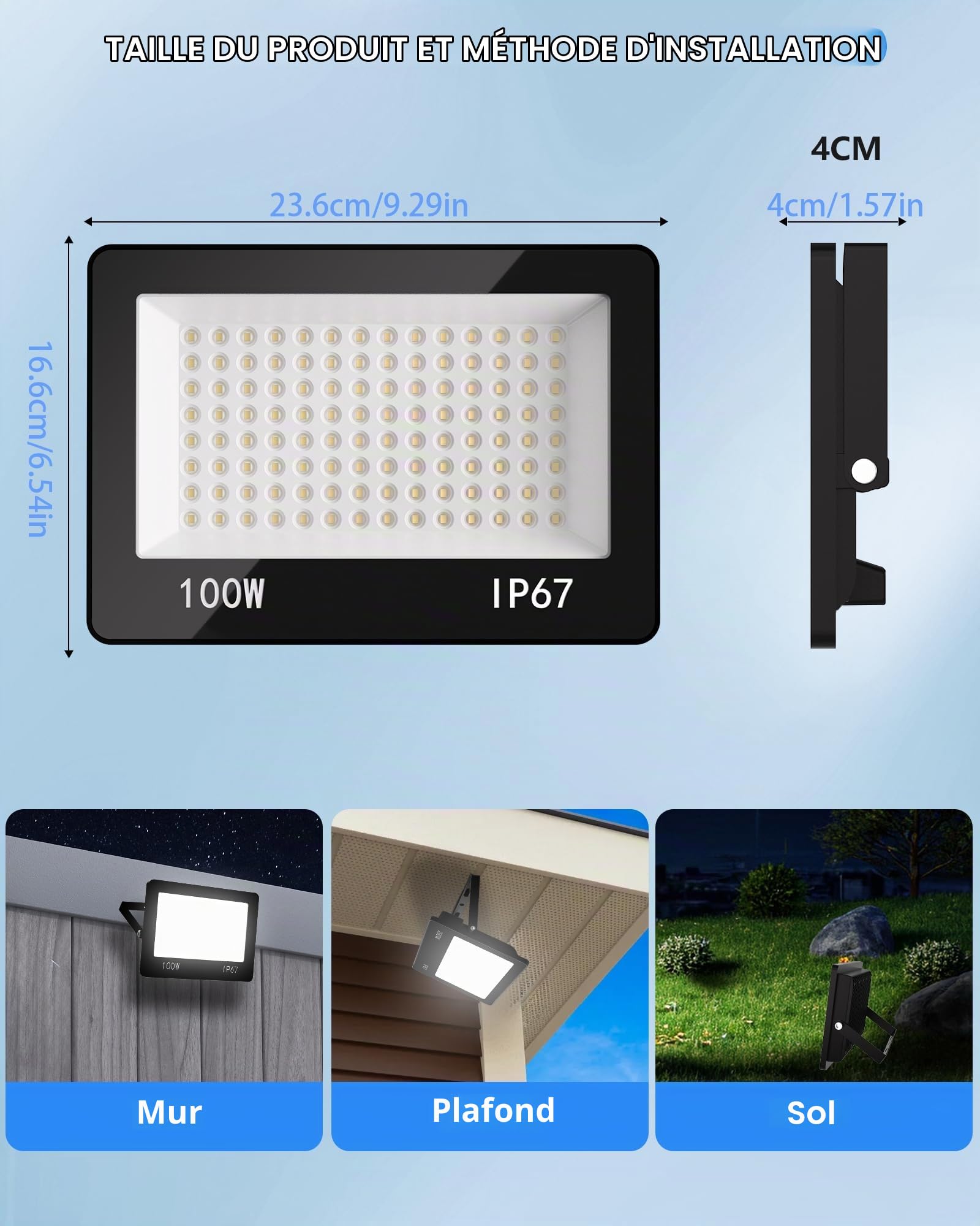 Projecteur LED Exterieur 100W, 10000LM Spot LED Extérieur Puissant 6500K Blanc Froid, IP67 Imperméable Eclairage Sécurité pour Jardin, Patio, Garage,Terrasse, Entrepôt
