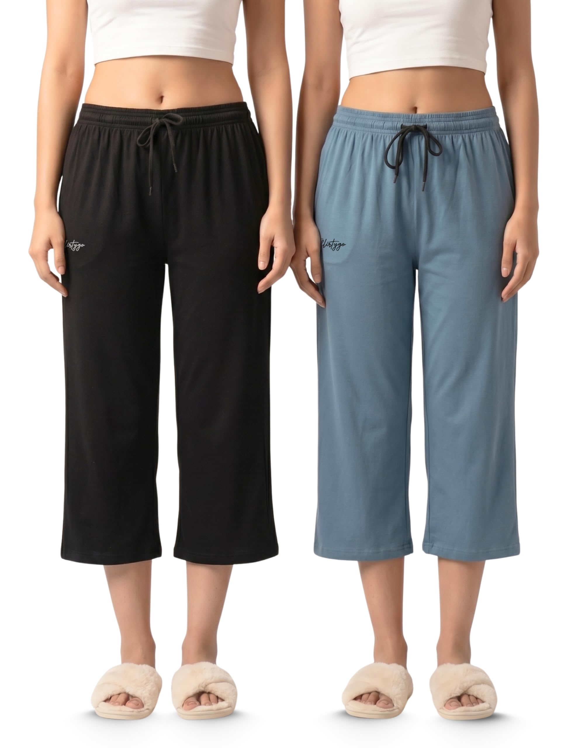 fflirtygo Women's Cotton Plain Calf Length Capri | Nightwear Pyjama | 3/4th Solid Pyjama Pant | Black and Bluish Grey Color | Casual wear & Lounge Wear Capri Combo (Pack of 2)-picture-52