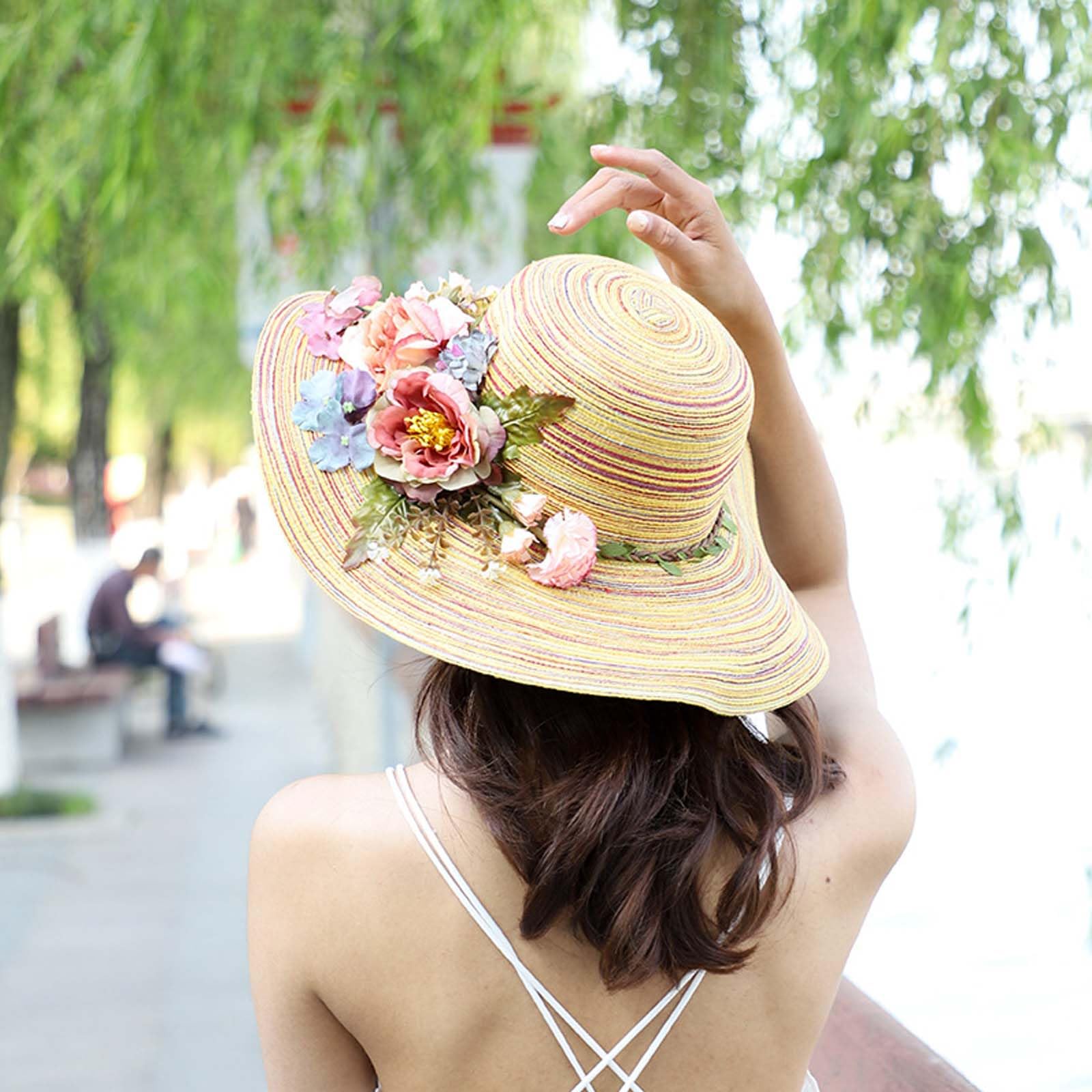 Sombrero de paja hecho a mano con flores de ganchillo para mujer, sombrero de paja de ala ancha, sombrero de paja para el sol, sombrero de sol UPF 50+ protección UV