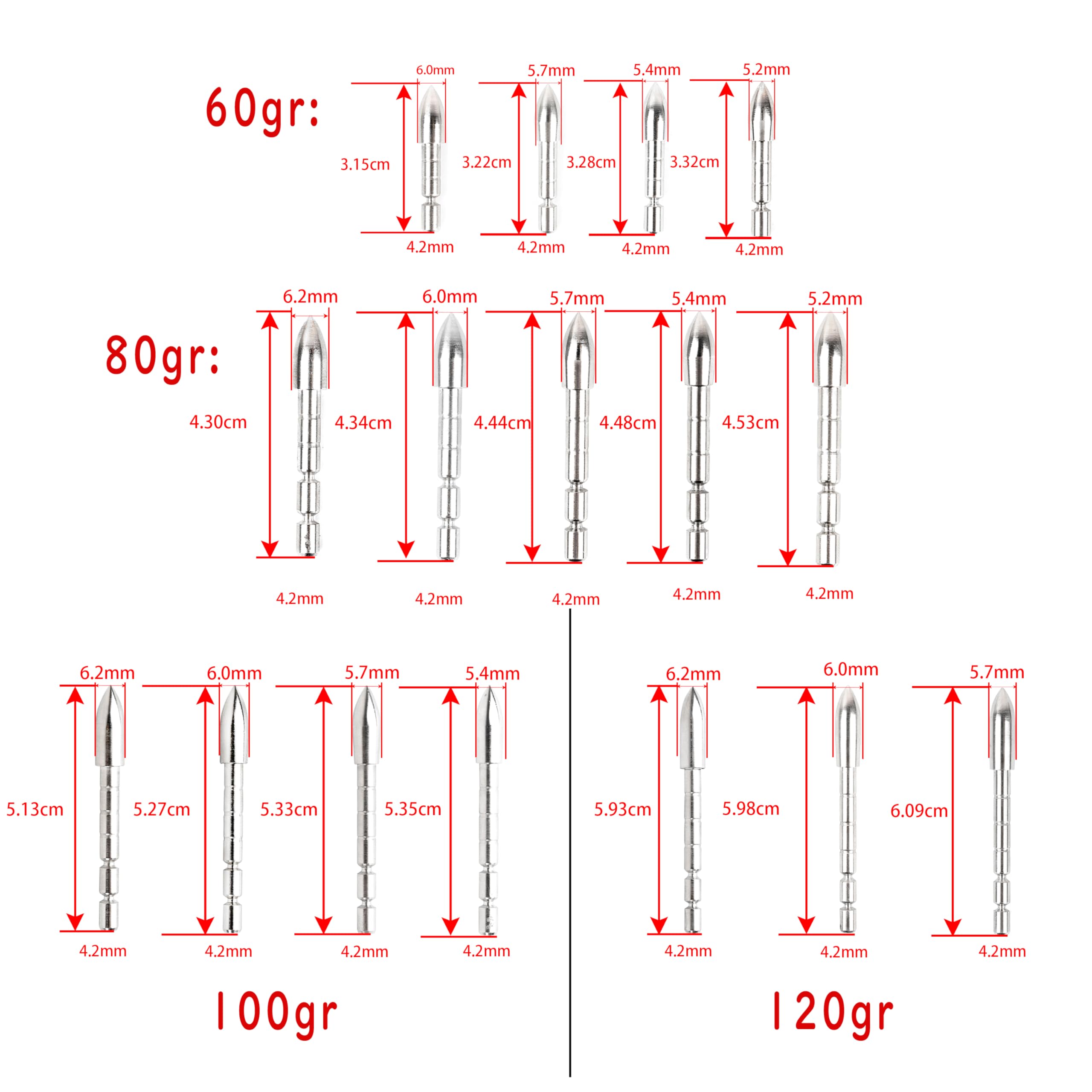 Punte di Freccia inseribili per Il tiro con L'Arco,Punte di Proiettile da 60/80/100/120 grani,Adatte per L'Albero della Freccia da 4,2 mm,36 pz
