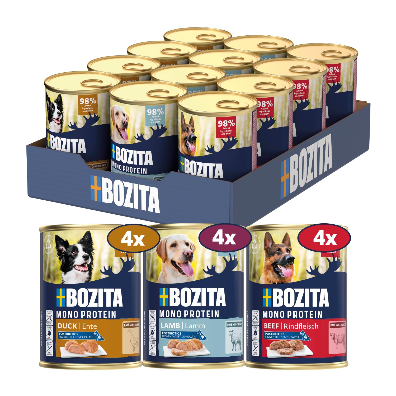 BOZITA Mélange de paté pour Chien - Boeuf, Canard, Dinde et Sanglier avec postbiotiques - 12 x 400 g - Nourriture pour Chien Duo et Simple - Nourriture Humide complète sans céréales - Multipack