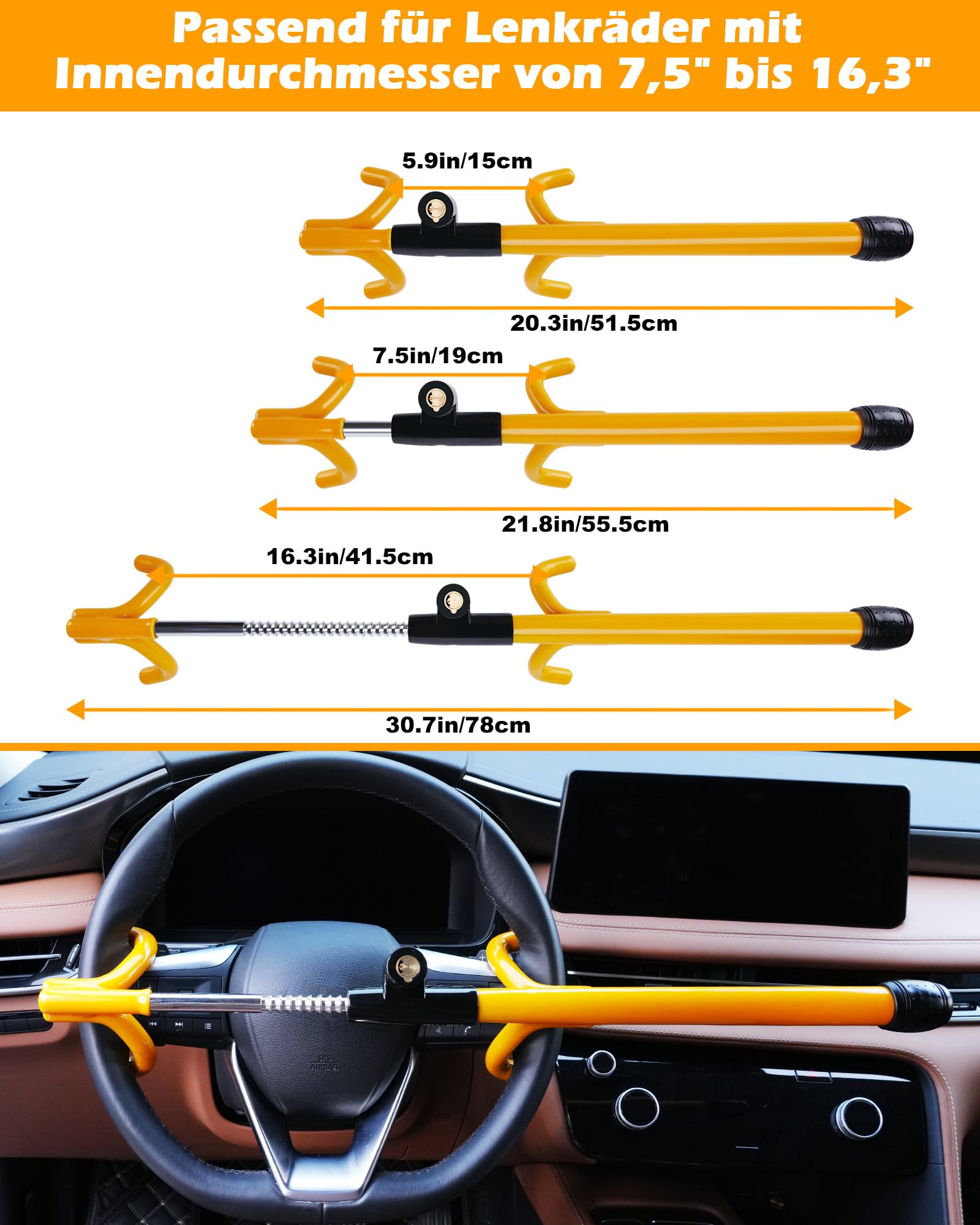 Tevlaphee 4-Haken Lenkradkralle, Schweres Lenkradschloss, Universelle Diebstahlsicherung für Autos, Transporter, SUVs, bis 41,5 cm, 3 Schlüssel (Gelb)