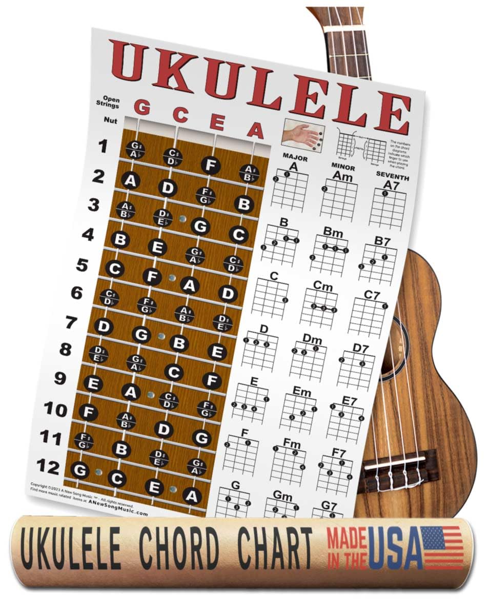 Ukulele Fretboard Notes & Chord Chart Instructional Poster GCEA Tuning Easy Uke Chords Soprano Concert Tenor A New Song Music 11"x17"