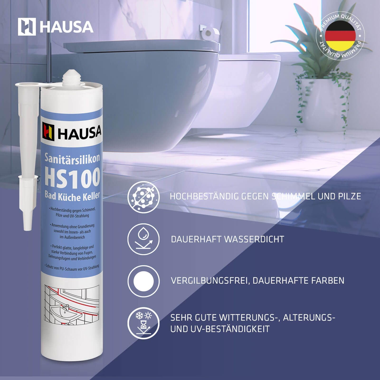 HAUSA Premium Sanitärsilikon anthrazit 18x 310ml HS100 Kartusche für Bad Dusche Küche hochelastisch wasserdicht UV- und witterungsbeständig Acetat Silikon-Dichtstoff