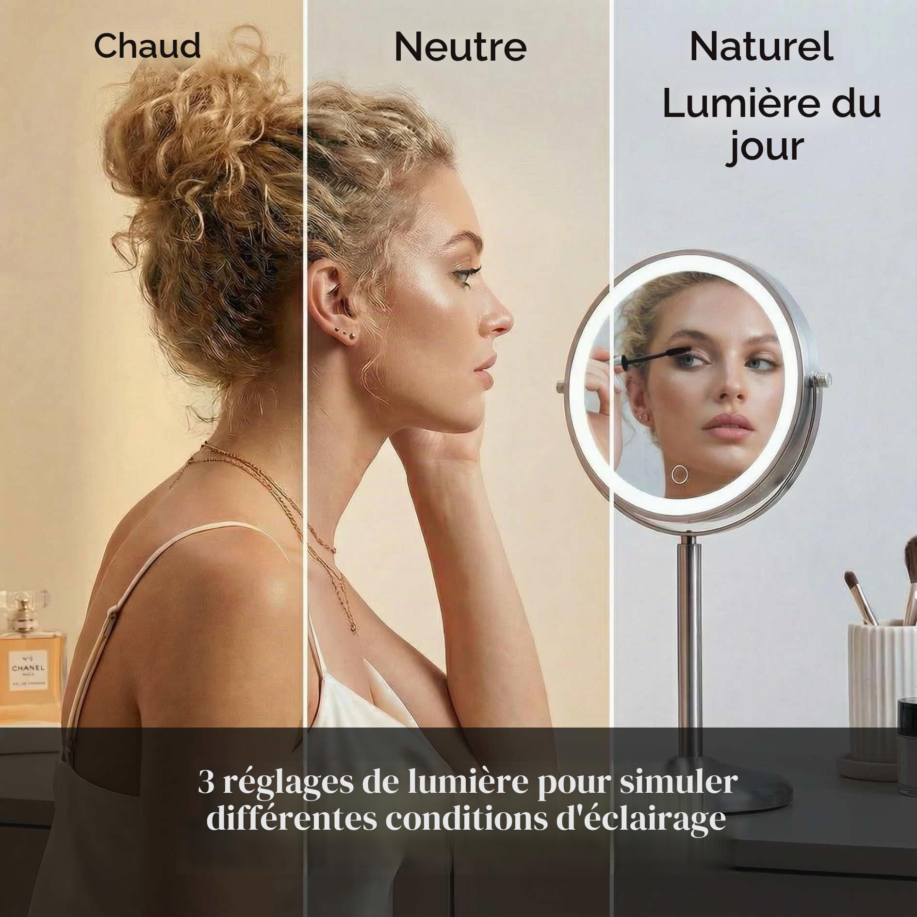 Fancii Miroir de Maquillage Lumineux de 20,3 cm avec grossissement, Hauteur réglable x10/1x, Rechargeable, Miroir de courtoisie Double Face à LED avec lumière et Support, pivotant à 360° (Hailey)