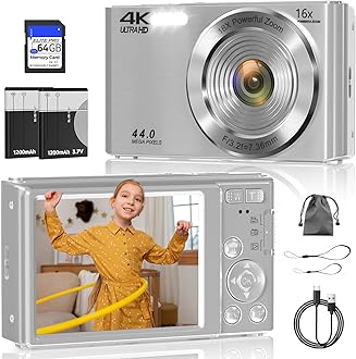 - Digital Camera, FHD 4K 44MP Digital Camera, 16X Digital Zoom, Digital Point and Shoot Camera with 3-LED Fill Lights, 64GB SD Card, Compact Camera for Kids Teen Boys Girls, Sliver