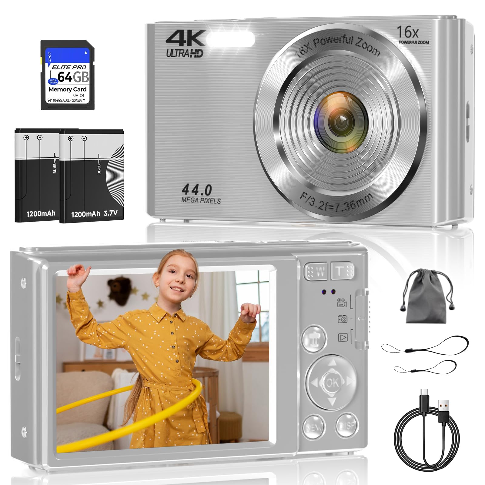 Digital Camera, FHD 4K 44MP Digital Camera, 16X Digital Zoom, Digital Point and Shoot Camera with 3-LED Fill Lights, 64GB SD Card, Compact Camera for Kids Teen Boys Girls, Sliver