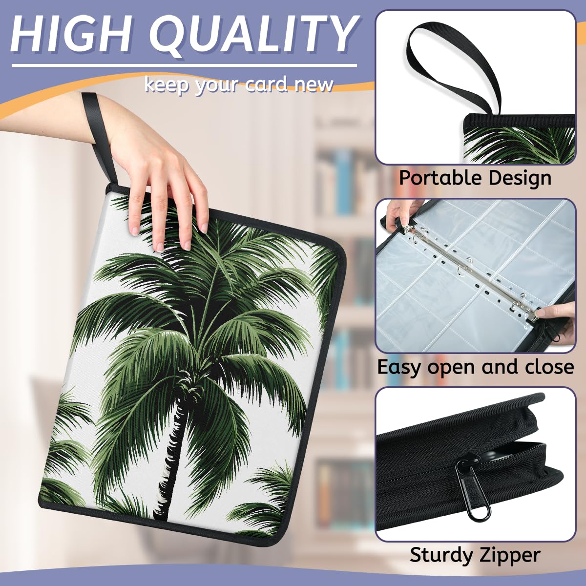 Raccoglitore per carte con 9 tasche, 900 tasche, con chiusura a cerniera (sfondo bianco palma)