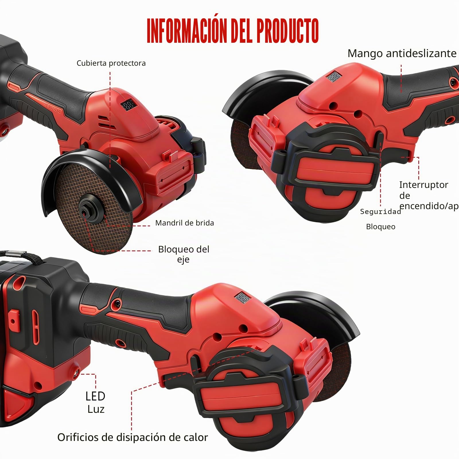 Amoladora Angular a batería 3 Pulgadas para Milwaukee 18V (sin Batería) | 16800 rpm, Mini Amoladora sin Escobillas, Pantalla Digital, 2 Discos de Lijado, 2 de Corte, Protector, Guantes