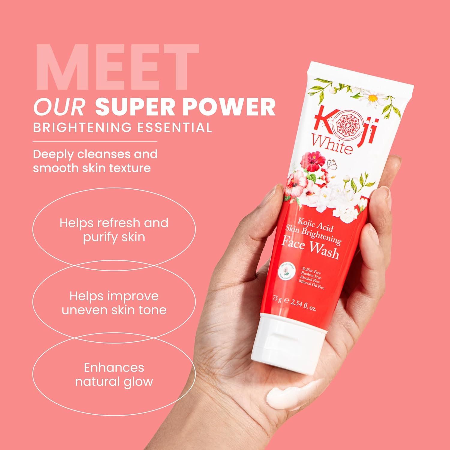 Koji White Kojic Acid Skin Brightening Face Wash for Exfoliating Face, Hydrating Face Moisturizer, Vegan Face Wash, Even Skin Tone with Vitamin C, Flower Extracts, Vitamin E, 2.54 Fl Oz - Image 3