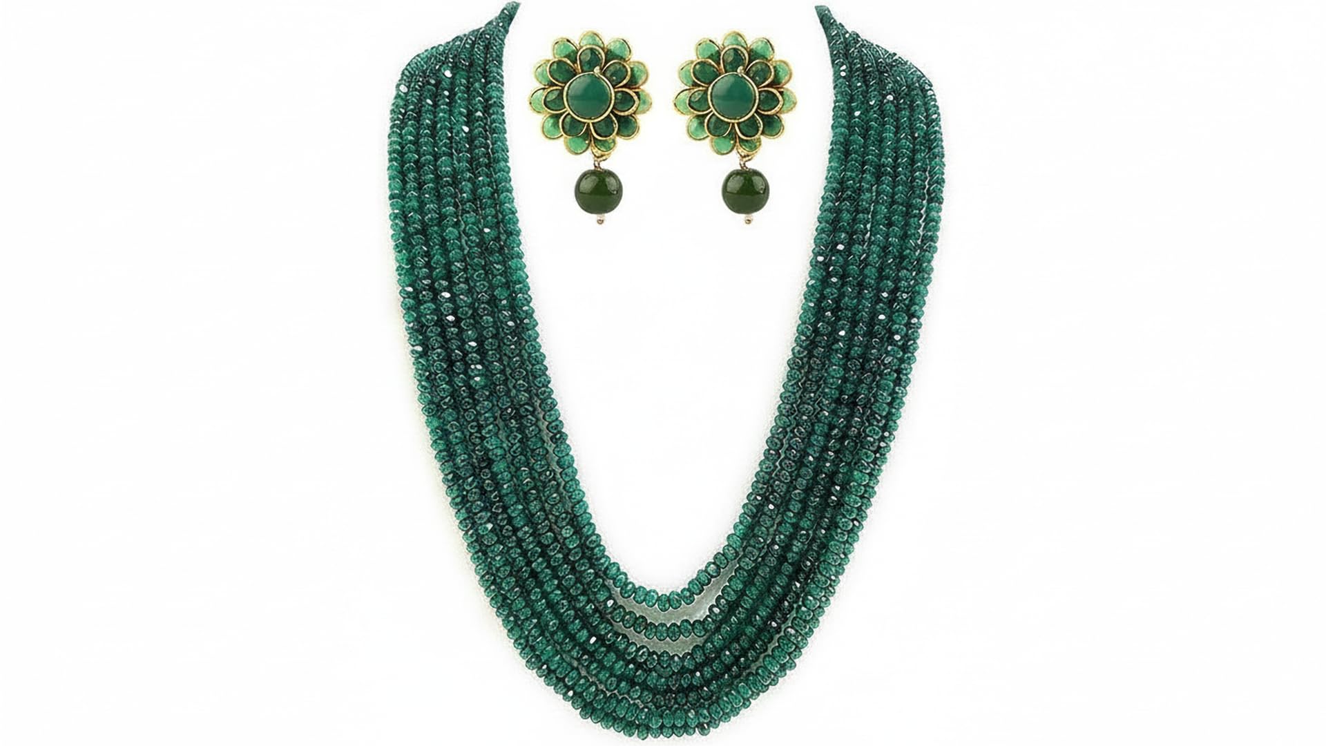 INDIA - Emerald Green Crystal Stone Beads 7 layer Necklace Set For Women and Girl Traditional Wedding Party Multi Layer Mala Fashion Jewellery Green Colour (Same as Shown In Image)-image-8