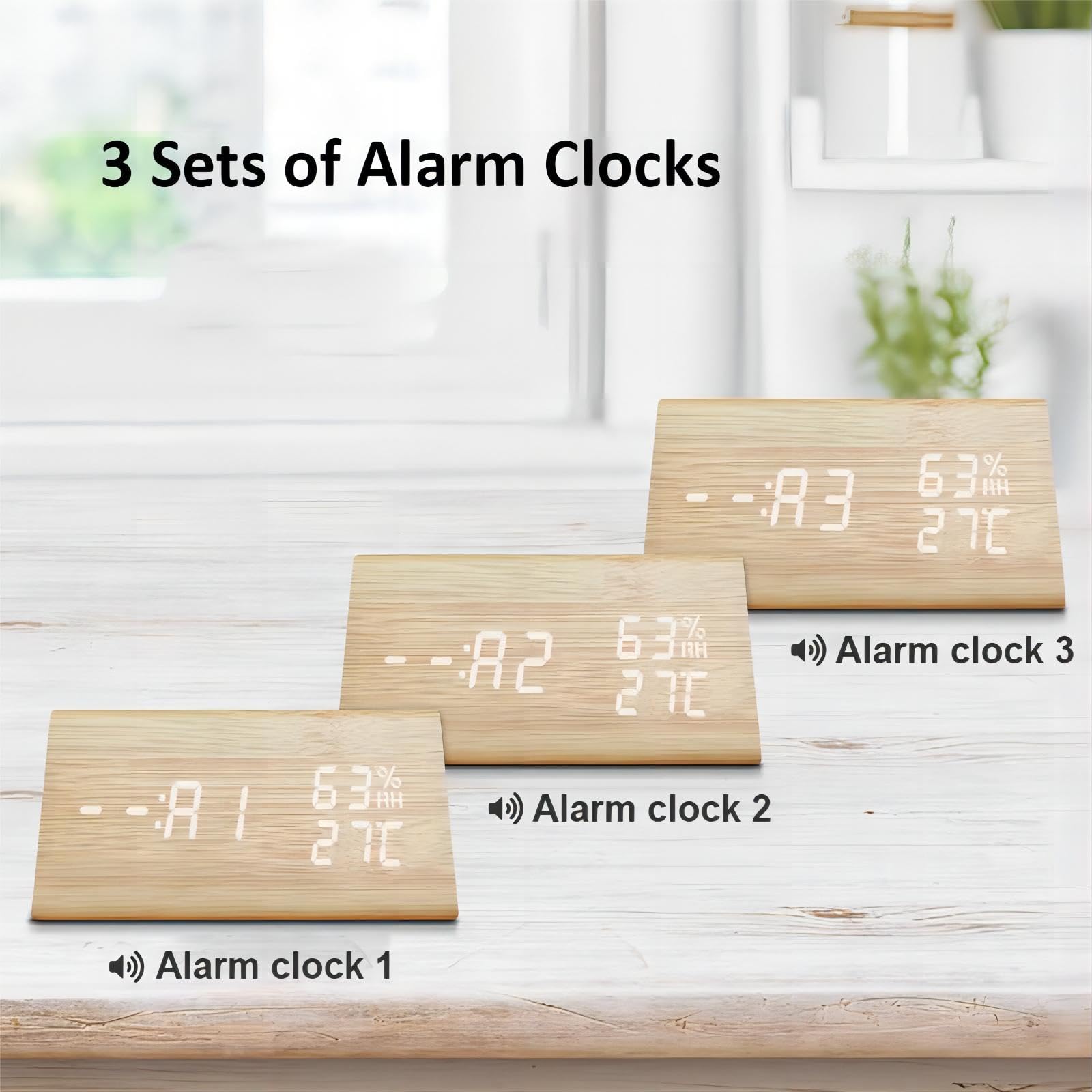 Reloj Despertador Digital, Madera ElectróNica Led Hora Fecha Temperatura Detección De Humedad 3 Configuraciones De Alarma 3 Niveles De Brillo para El Hogar Dormitorio Oficina