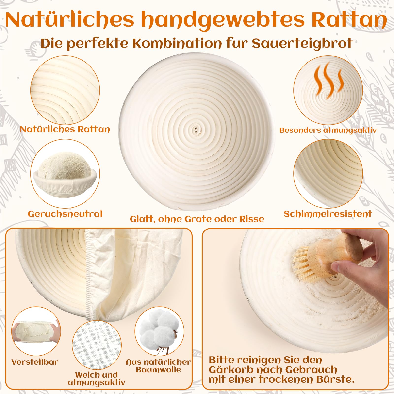 Gärkörbchen Für Sauerteig Starter Set, Gärkorb (23cm rund & 25cm oval),100% natürlichem Rattan, inkl. Teigschaber, Leineneinsatz, Teigrührer & mehr | Professionelles Brotbackzubehör (Orange)