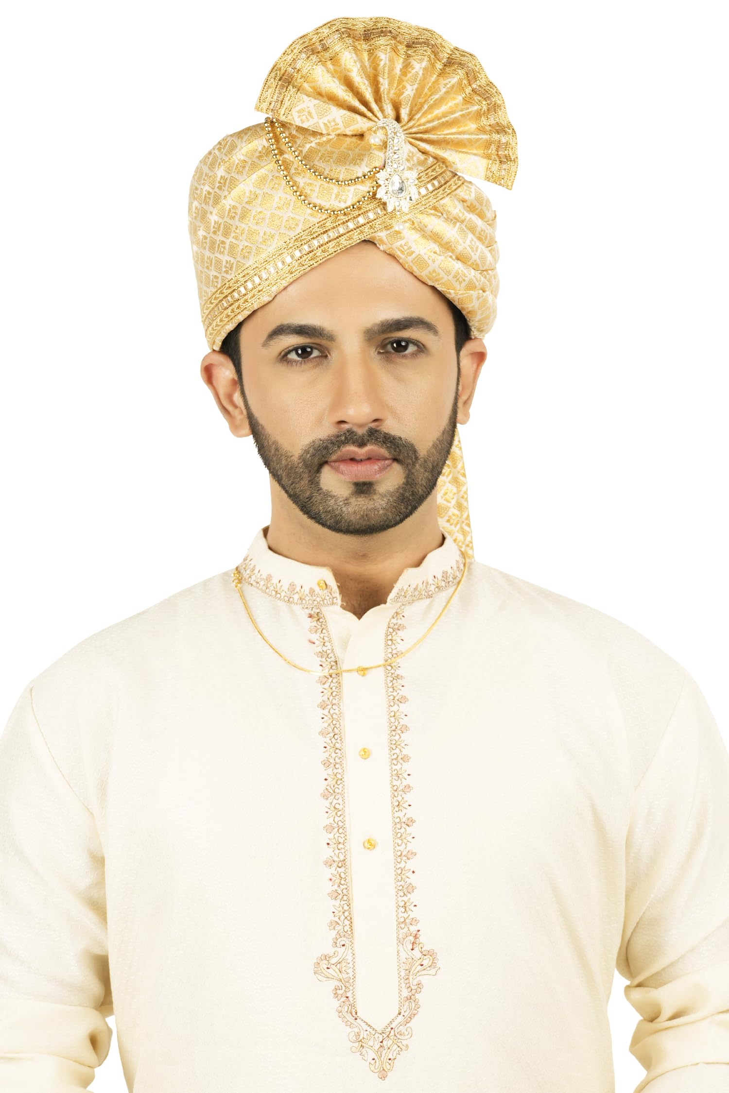 priyakant safawala Premium Wedding Collection Brocade Safa (Pheta/Pagdi/Turban) for Wedding and Traditional Function Use It [Off White, Free - Size, Adjustable System]-picture-13