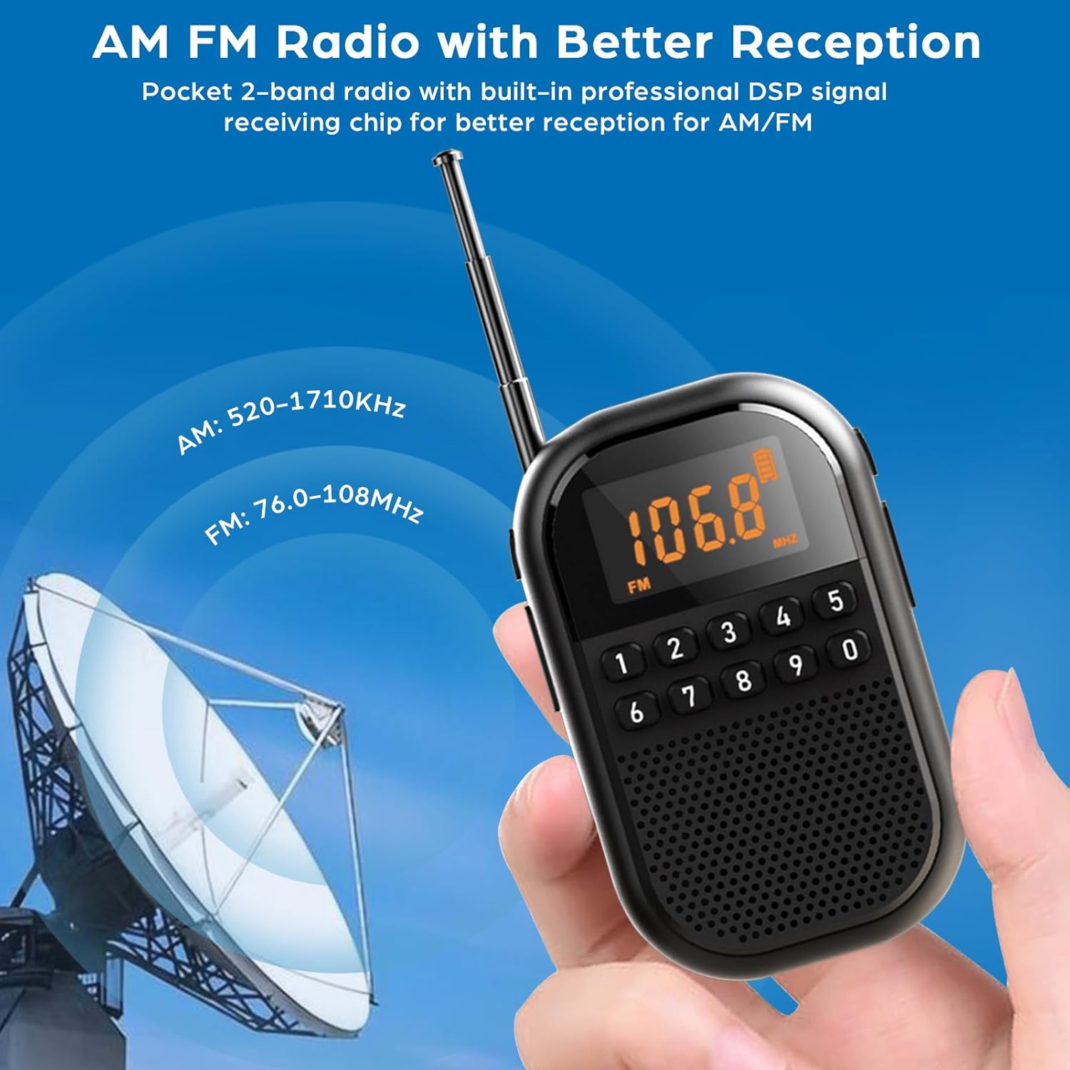 Radio with antenna extended showing AM and FM frequency ranges