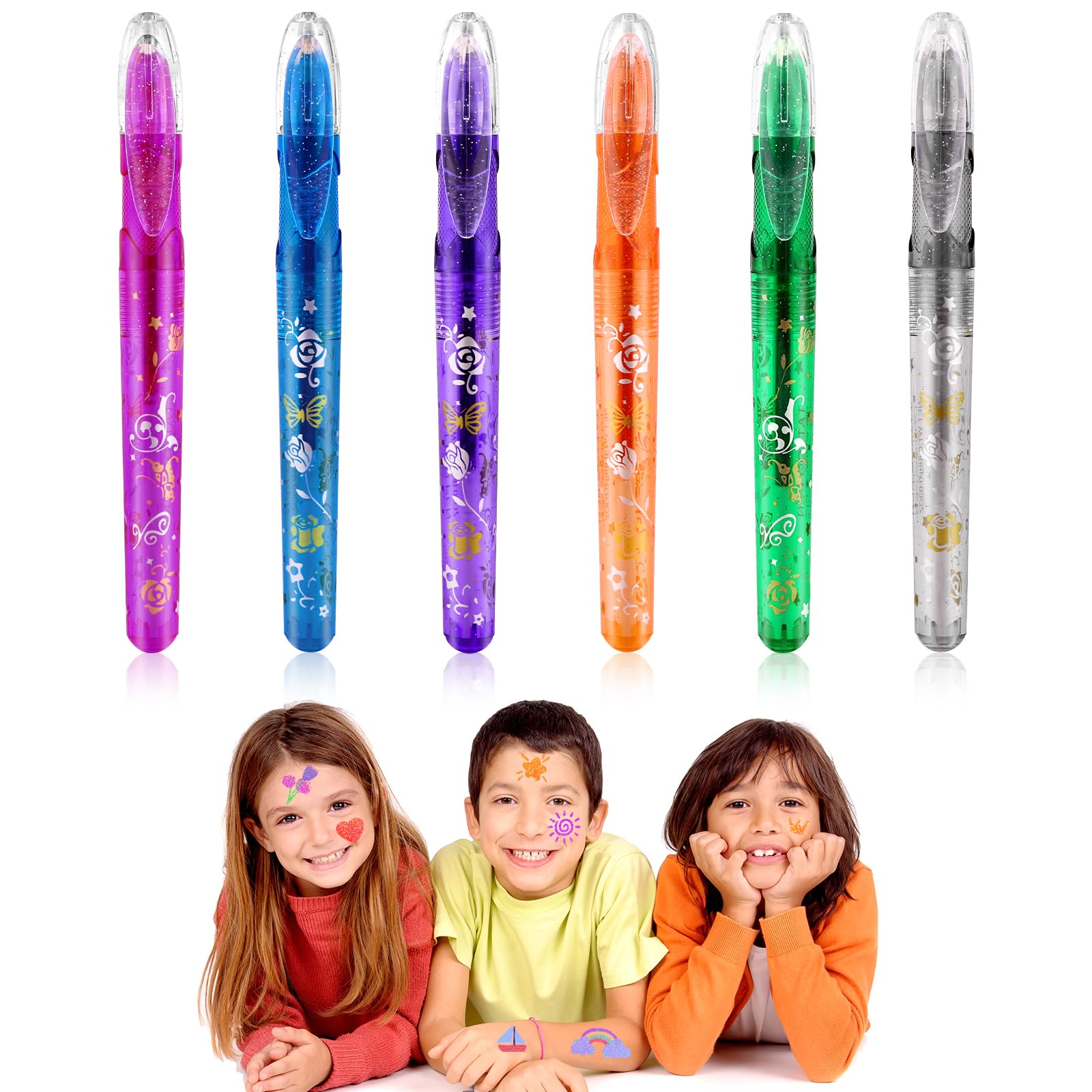 temporary tattoo pen, 6 pieces glitter tattoo pens for kids, multicoloured tattoo markers for skin and body, tattoo pens, suitable for Halloween, carnival, masquerade