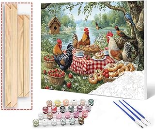 Tucocoo Cute Rooster Picnic Party Paint by Numbers Kits 16x20 inch Canvas Farm Animal DIY Oil Painting for Adults Beginner with Brushes and Acrylic Pigment - Chickens Outdoor Feast Scene(DIY Frame)
