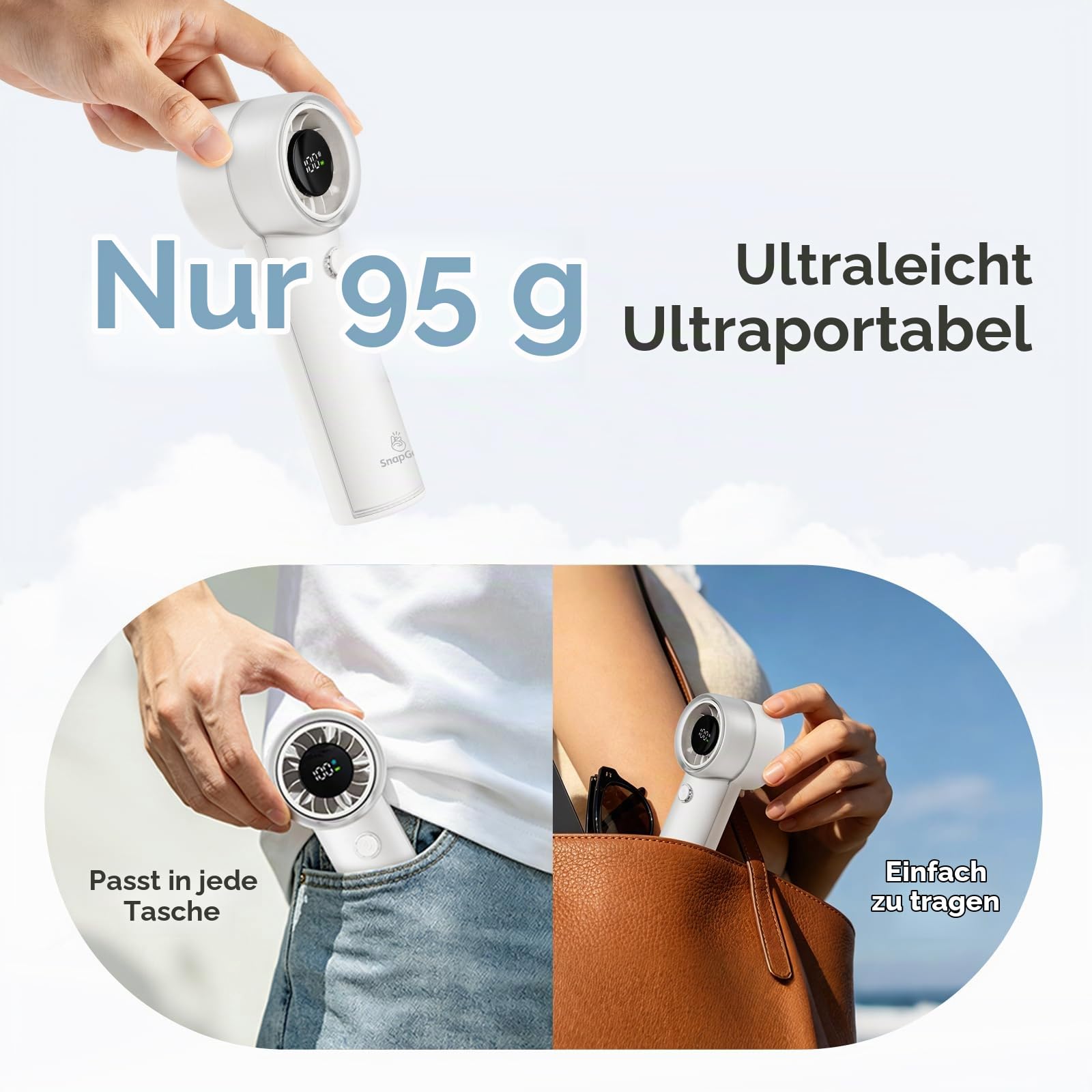 Snapgear Ultraleichter, tragbarer Taschenventilator (95 g), leiser Handventilator, 15.000 U/min Turbo Jet, 20 Stunden Laufzeit, 5 Geschwindigkeitsstufen, flüsterleise (44 dB), USB-C-aufladbar