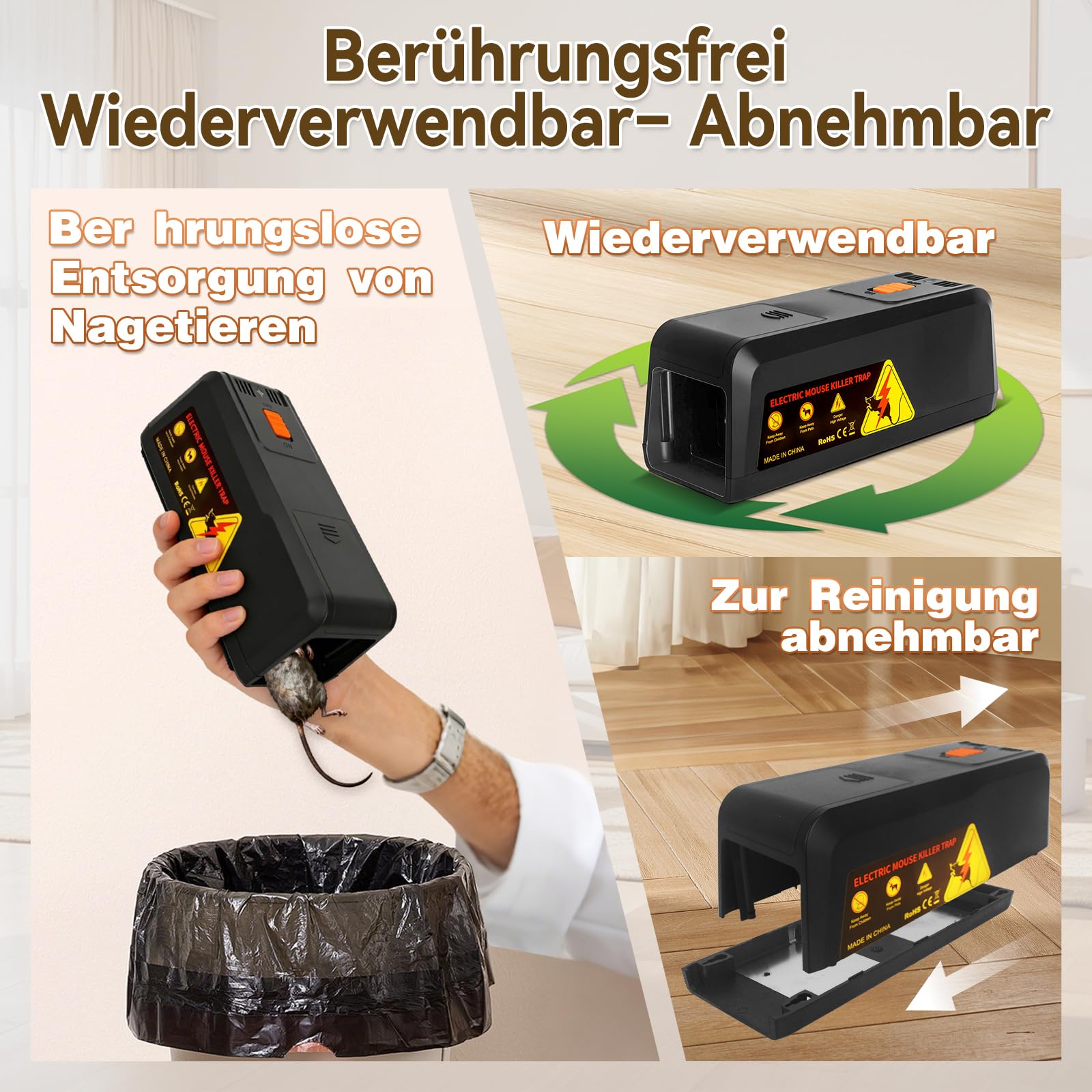 Elektrische Rattenfalle 2800V, Wiederverwendbare Mausefalle Elektrisch mit Großem Einlass, Sofortige und Schmerzlose Schädlingsbekämpfung, Hygienische Elektronische Schlagfalle für Mäuse und Ratten