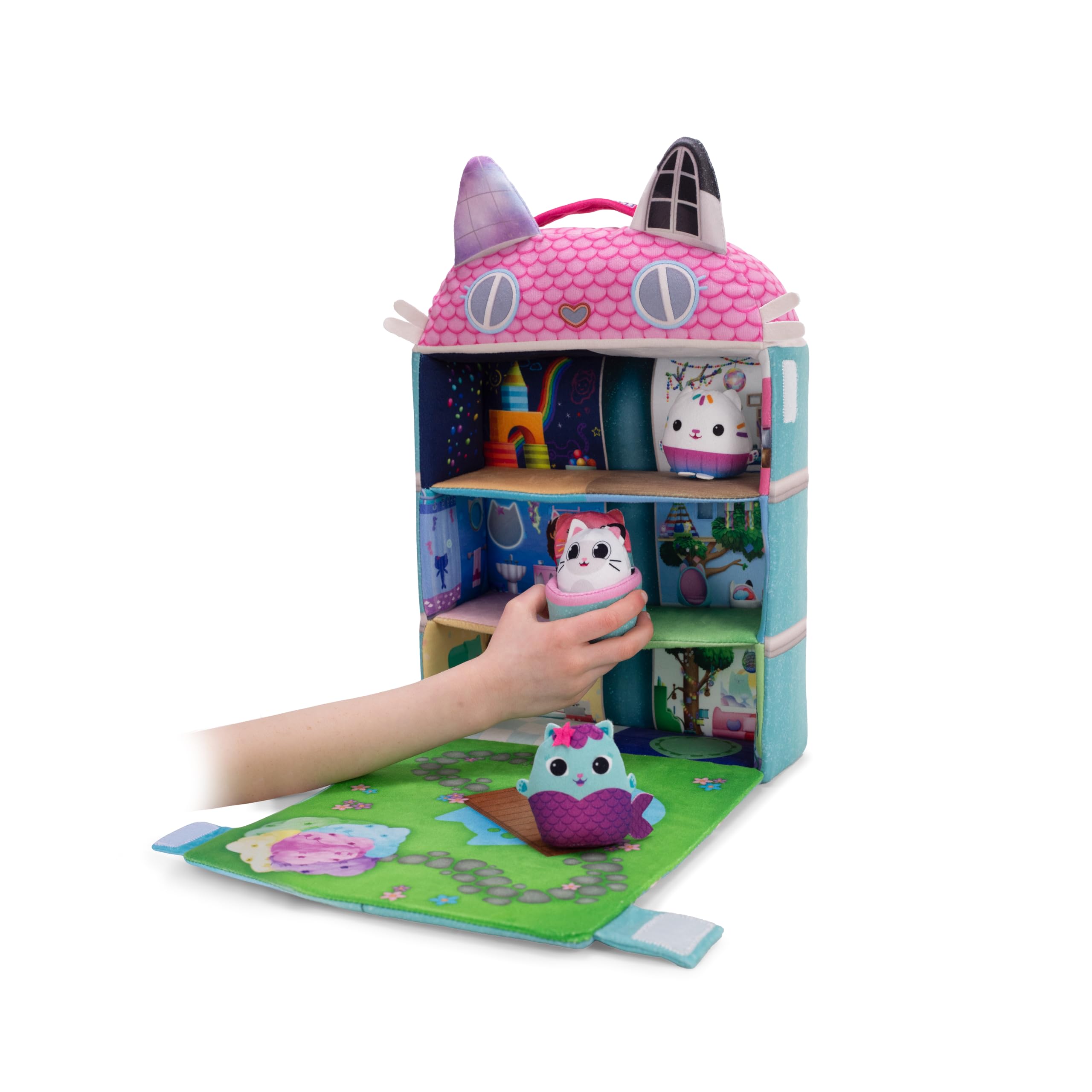 Schmidt Spiele 42804 Gabby's Dollhouse, Puppenhaus mit 3 Figuren und Lift, 41 cm Plüschfigur Gabby Peluche, Multicolore