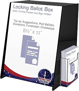 Marketing Holders Acrylic Charity Donation Bin Locking Ballot Box Black Acrylic 8.75” x 8.5" x 11.5" with 8.5" x 11" Slide in Header Sign Holder and Pocket on the Side Countertop