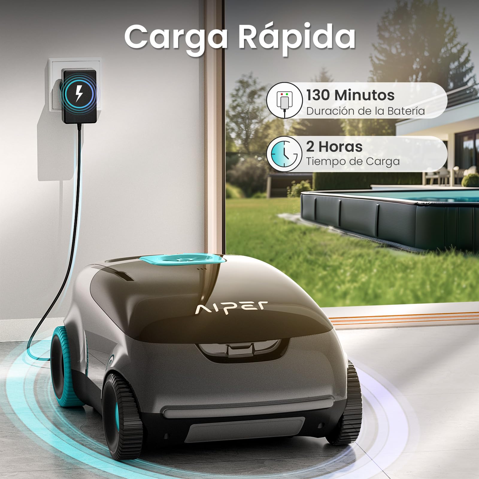 AIPER Scuba E1 Robot Limpiafondos Piscina, Aspirador Piscina Automatico para Sistema de Doble FiltracióN, 130 Minutos de DuracióN de La BateríA, Ideal para Piscinas Planas de hasta 100㎡