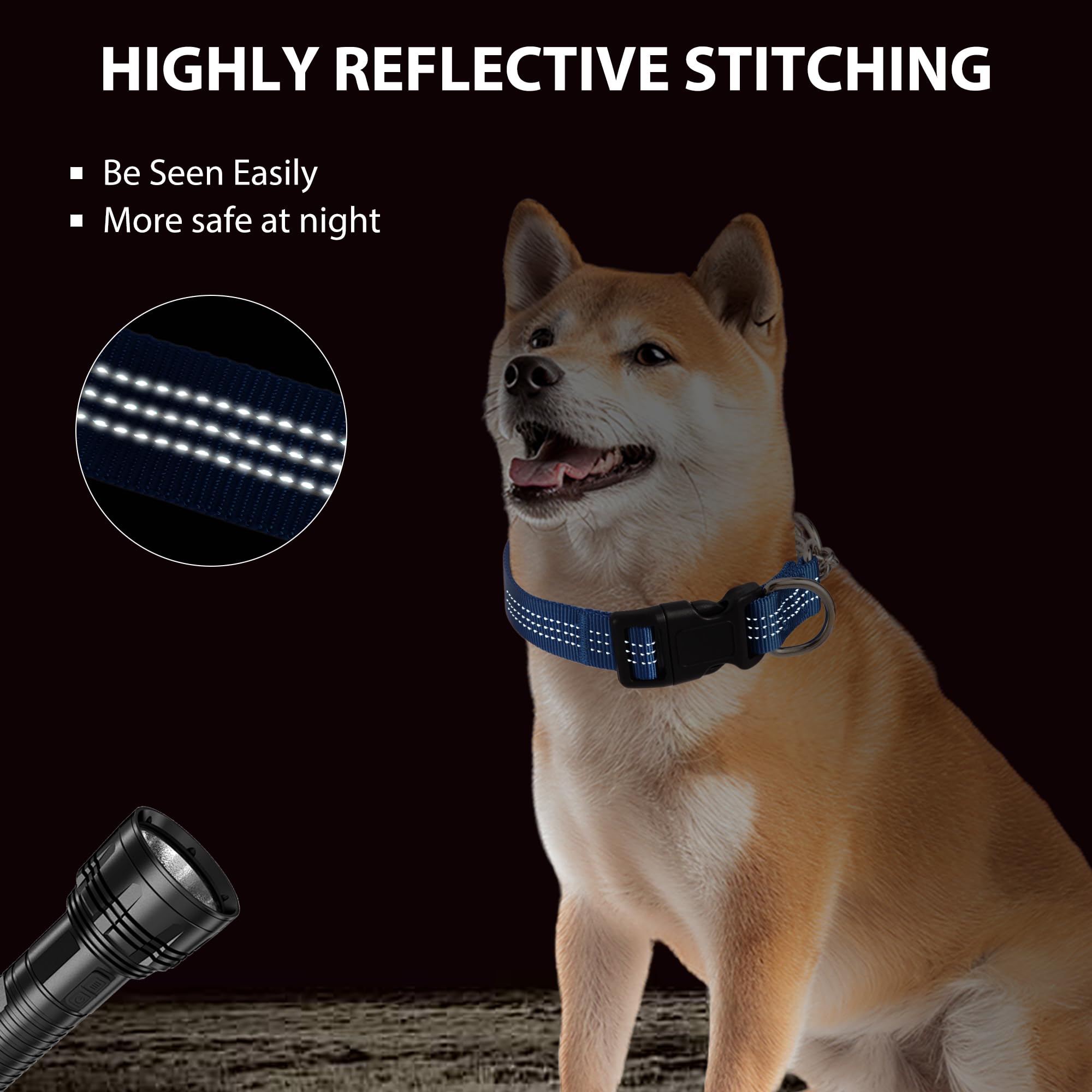 Yunleparks Martingale Dog Collar with Quick Release Buckle Steel Chain No Pull Training Reflective Collar for Medium Large Dogs(Blue, Medium)