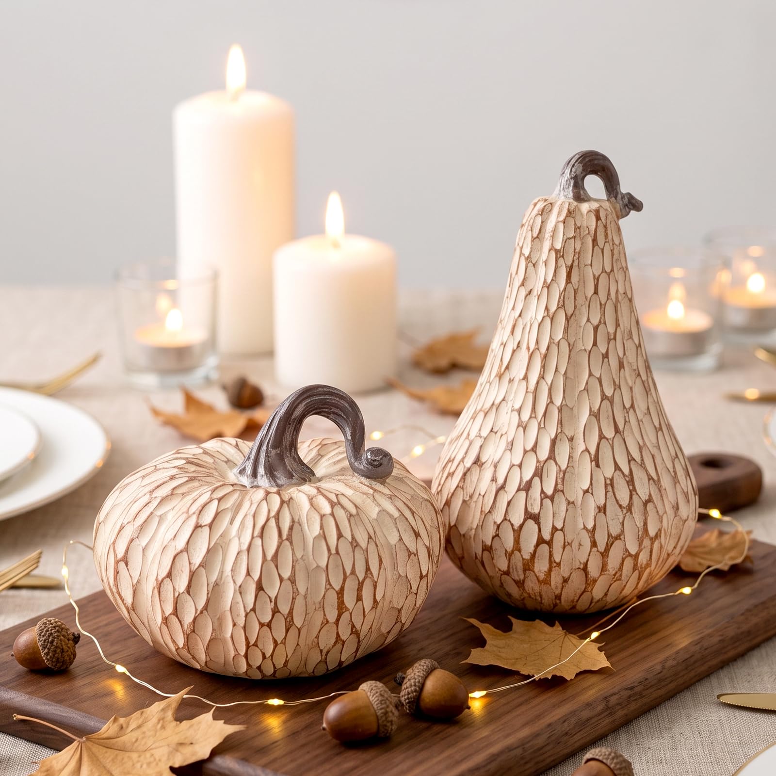 TonJin Resin Pumpkin Decor Set of 2, Brown and White Fall Decorations for Home, Faux Pumpkins for Rustic Fall Coffee Table Decor, Thanksgiving Centerpiece, Autumn Harvest Indoor Decoration — image 1