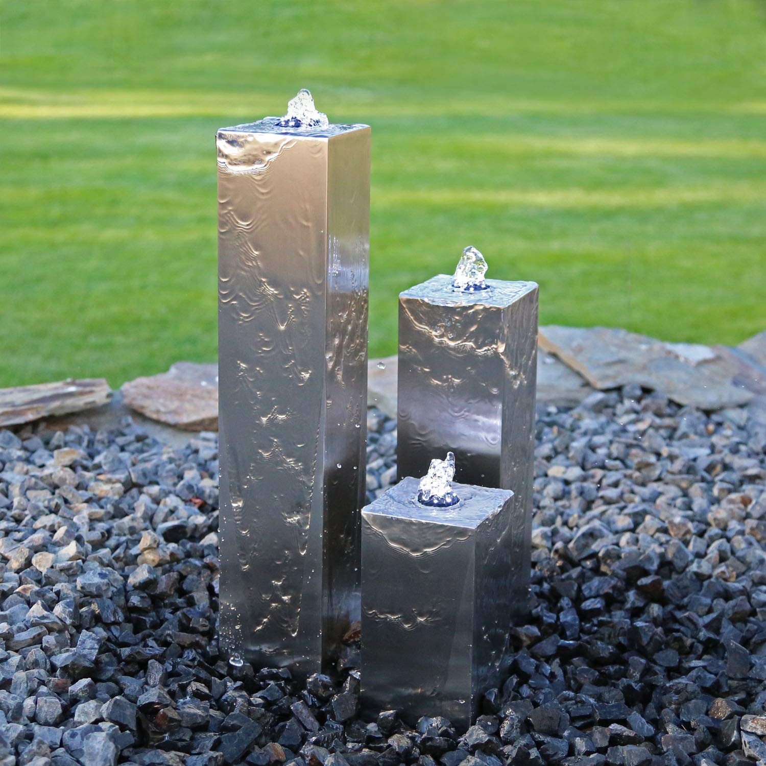 CLGarden Edelstahl Springbrunnen ESB8 Design Säulenbrunnen eckig mit LED Beleuchtung Wasserspiel Set