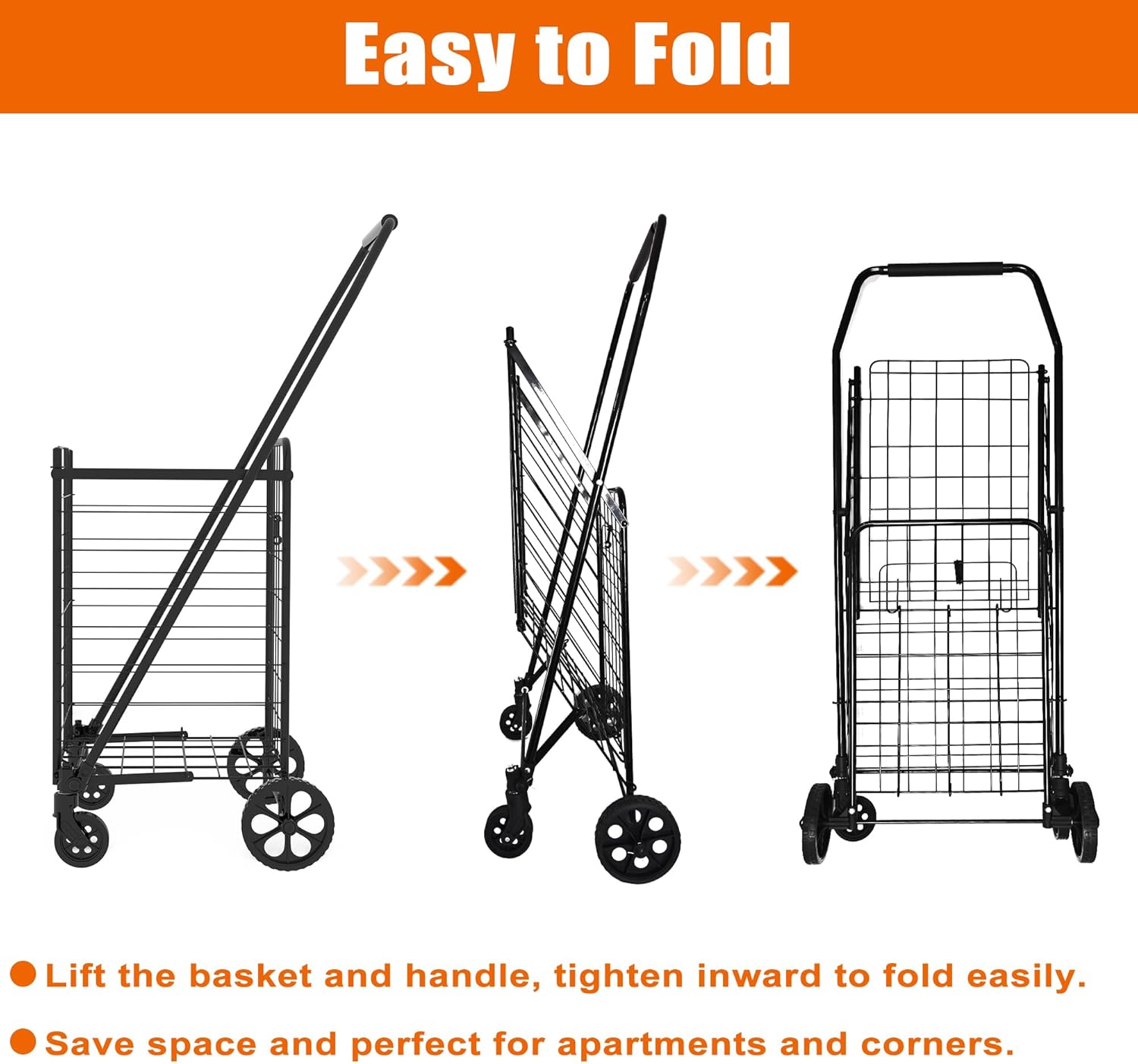 ESPIDOO Foldable Shopping Cart with Door: Heavy Duty Grocery Utility Cart - 360° Swivel Wheels & Double Basket for Laundry & Camping - Lightweight Collapsible Design for Seniors & Mobility Needs