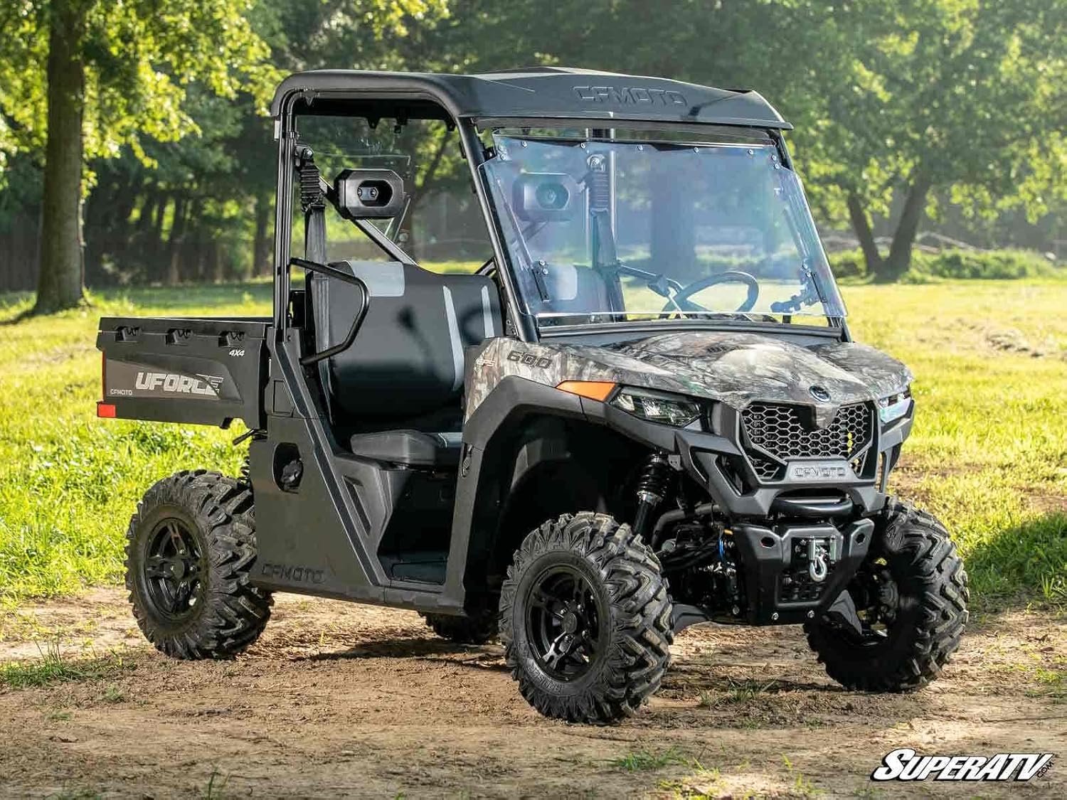SuperATV Scratch Resistant 3-in-1 Flip Windshield for CFMOTO UForce 600 2021-2022, Made of 1/4" Hard Coated Polycarbonate, Comes Preassembled, Can be Closed, Vented, or Fully Open, USA Made