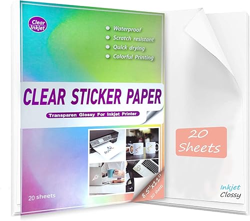 SVIMZAEN Printable Vinyl Sticker Paper - 20 Sheets Glossy White Waterproof for Inkjet Printers, 8.5 x 11", Self-Adhesion,Clear Printing,Tear