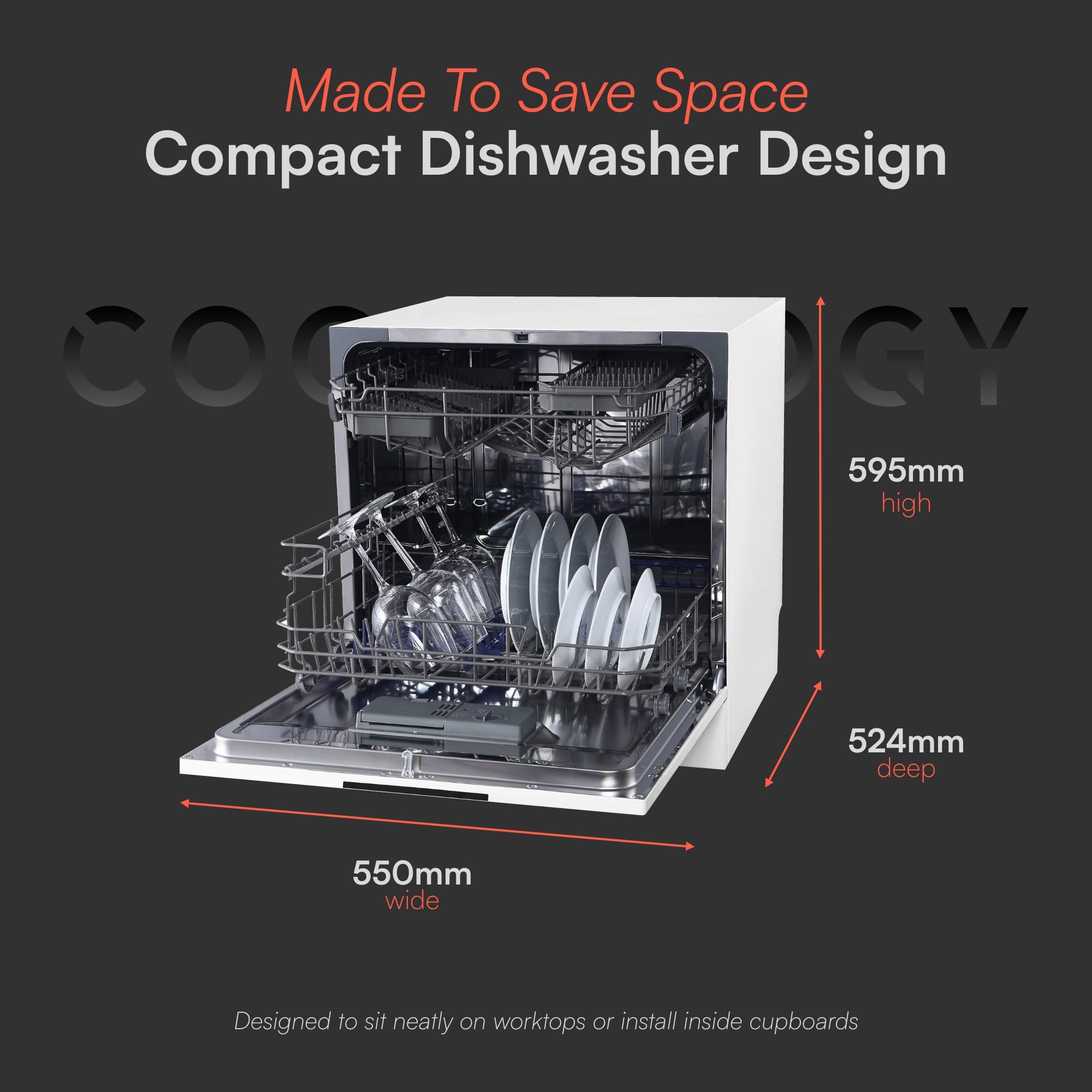 Cookology CTTD8WH Mini Counter Top Dishwasher in White - Compact & Portable - Tabletop Small Appliance - 8 Settings - 8 Wash Cycles - ECO Friendly Mode — view 4