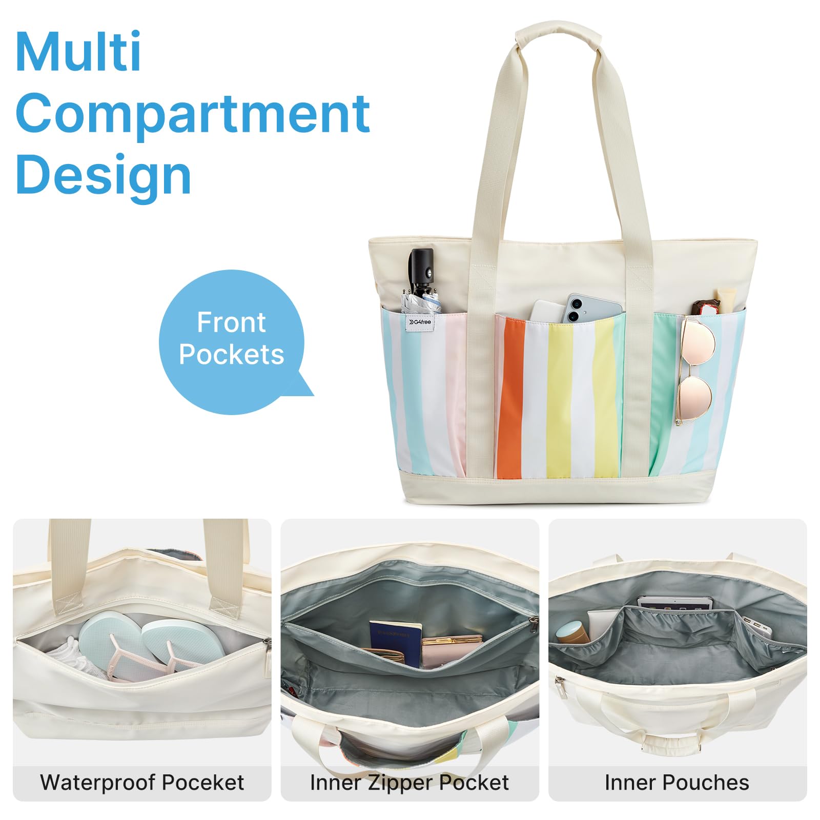 G4Free Sac de plage, sac de plage imperméable pour femme, compatible avec tasse Stanley, pliable pour les voyages en week-end | Compatible avec la tasse, grande capacité, anti-sable, pliable pour le week-end, les voyages, la natation