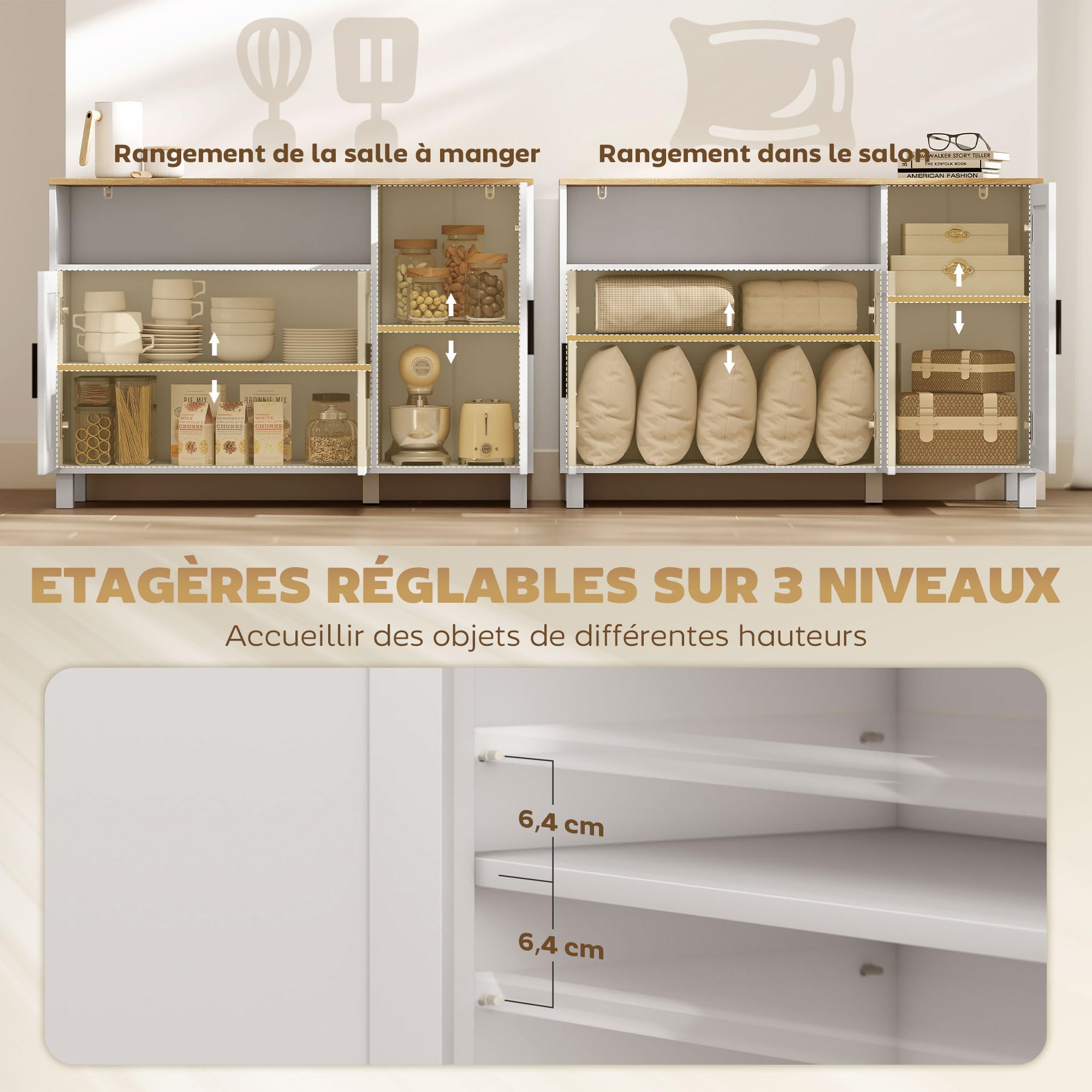 HOMCOM Buffet 3 Portes à Fermeture Amortie 110 x 33 x 75 cm Blanc | Meuble de Rangement, Compartiment Ouvert, Étagères Réglables, Style Moderne, Buffet Salle à Manger, Salon