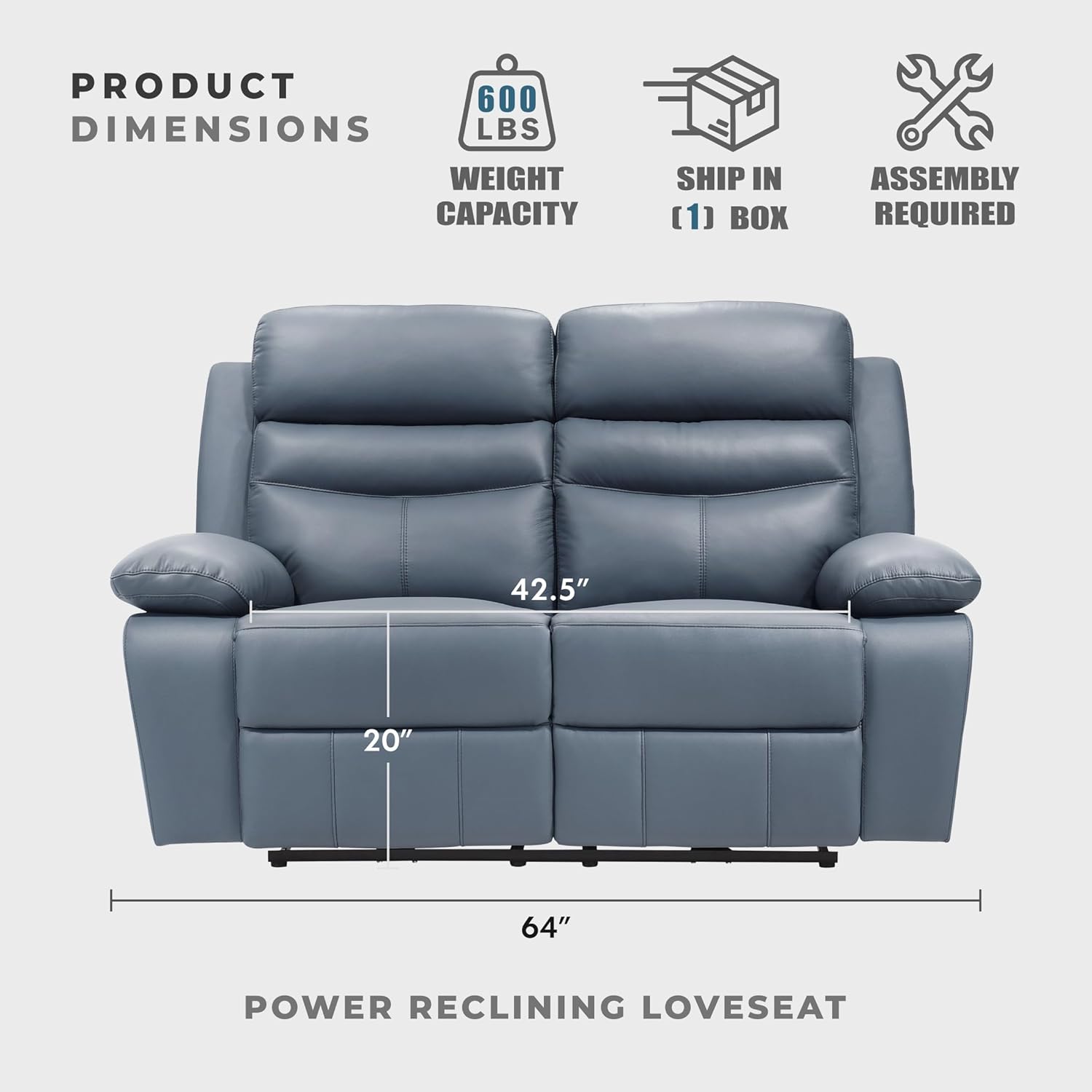 Lexicon 64" W Power Double Reclining Loveseat, with USB Charging Port, Wall Hugger Leather Match Reclining Love Seat, for Living Room, Apartment, Easy Assembly, Blue