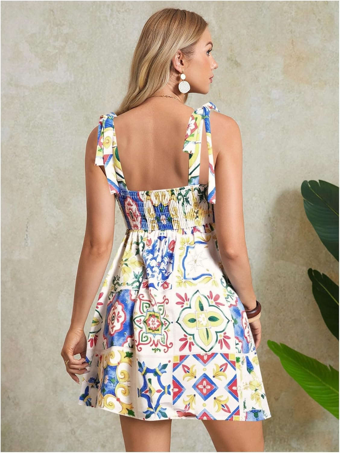 MakeMeChic Women's Summer Floral Mini Dress Shirred Tie Shoulder Sleeveless A Line Short Cami Sundresses - Image 2