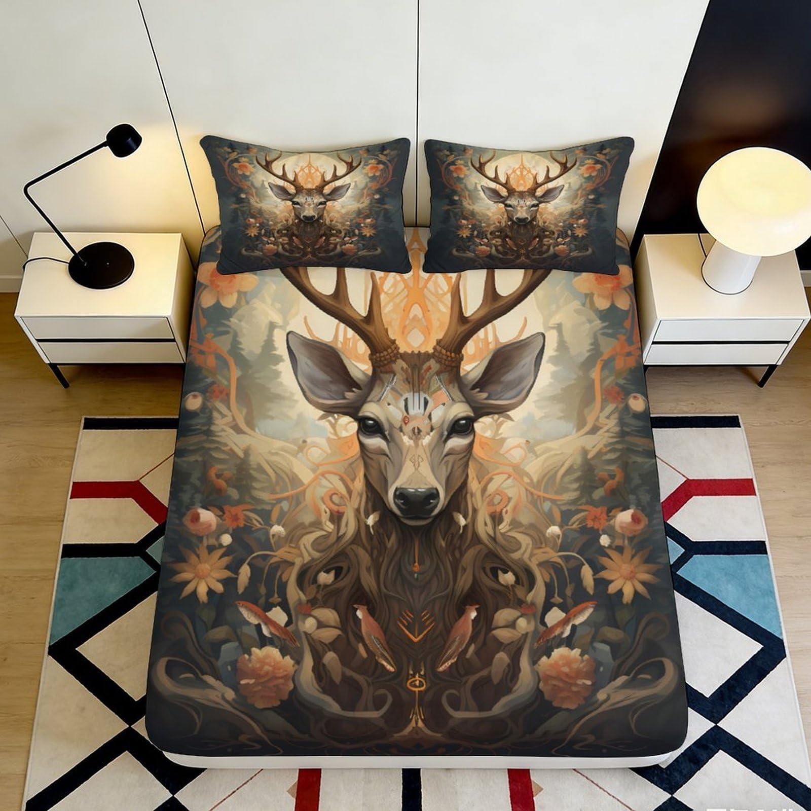 3D Printed Mystical Deer Fitted Sheet Microfiber Soft Breathable Forest Art Bed Cover for Bedroom Dorm Mattress Protection Decor 90x200x25cm