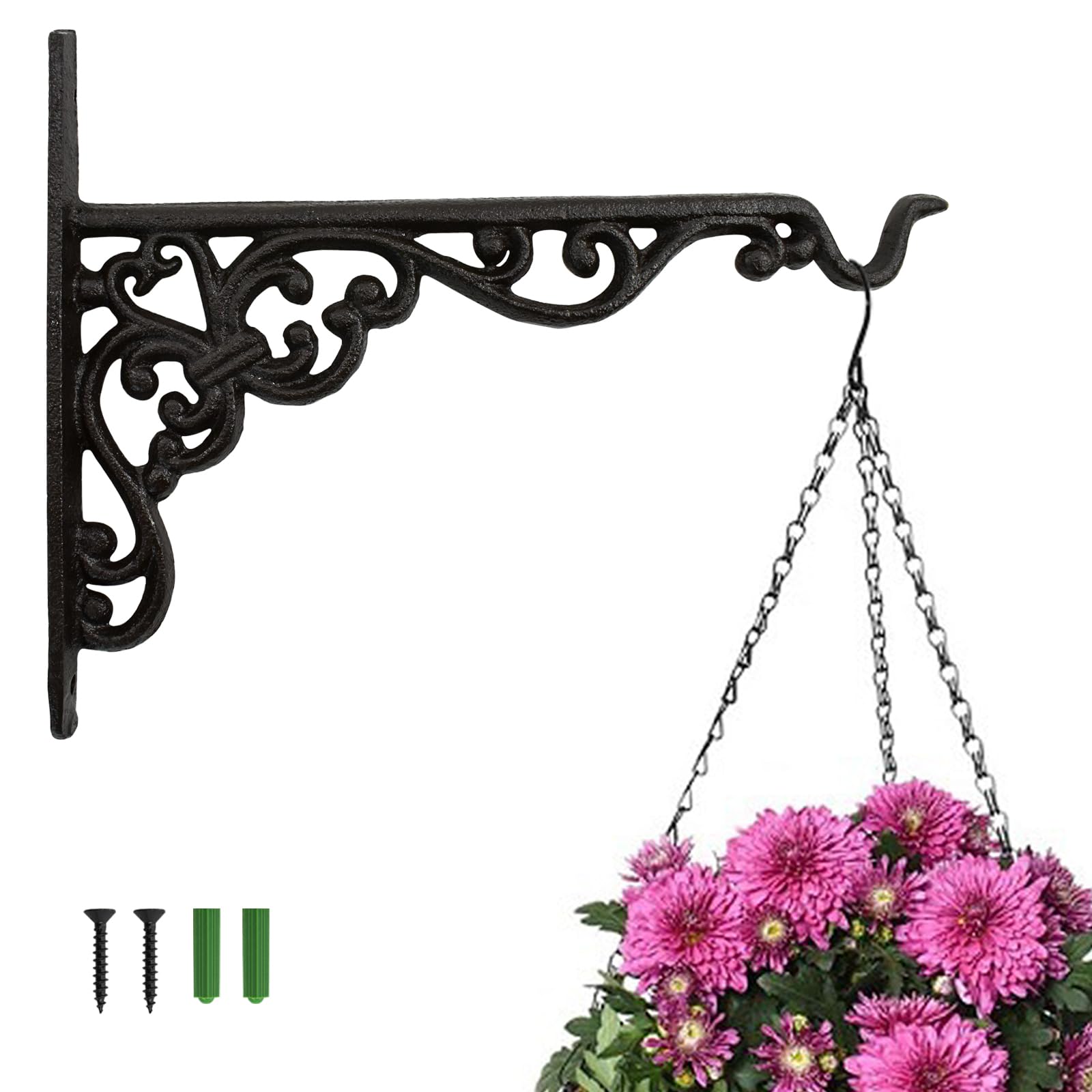 MrMrKura ブラケットフック 植物ハンガー 庭用植物用ブラケット 鋳鉄製 ハンギング プランターハンガー 吊り下げ鉢植え 園芸フック 庭 ガーデン 屋外 屋内 アンティーク 提灯用 鳥かご用 棚受け ブラック ゴンドラ (2個)